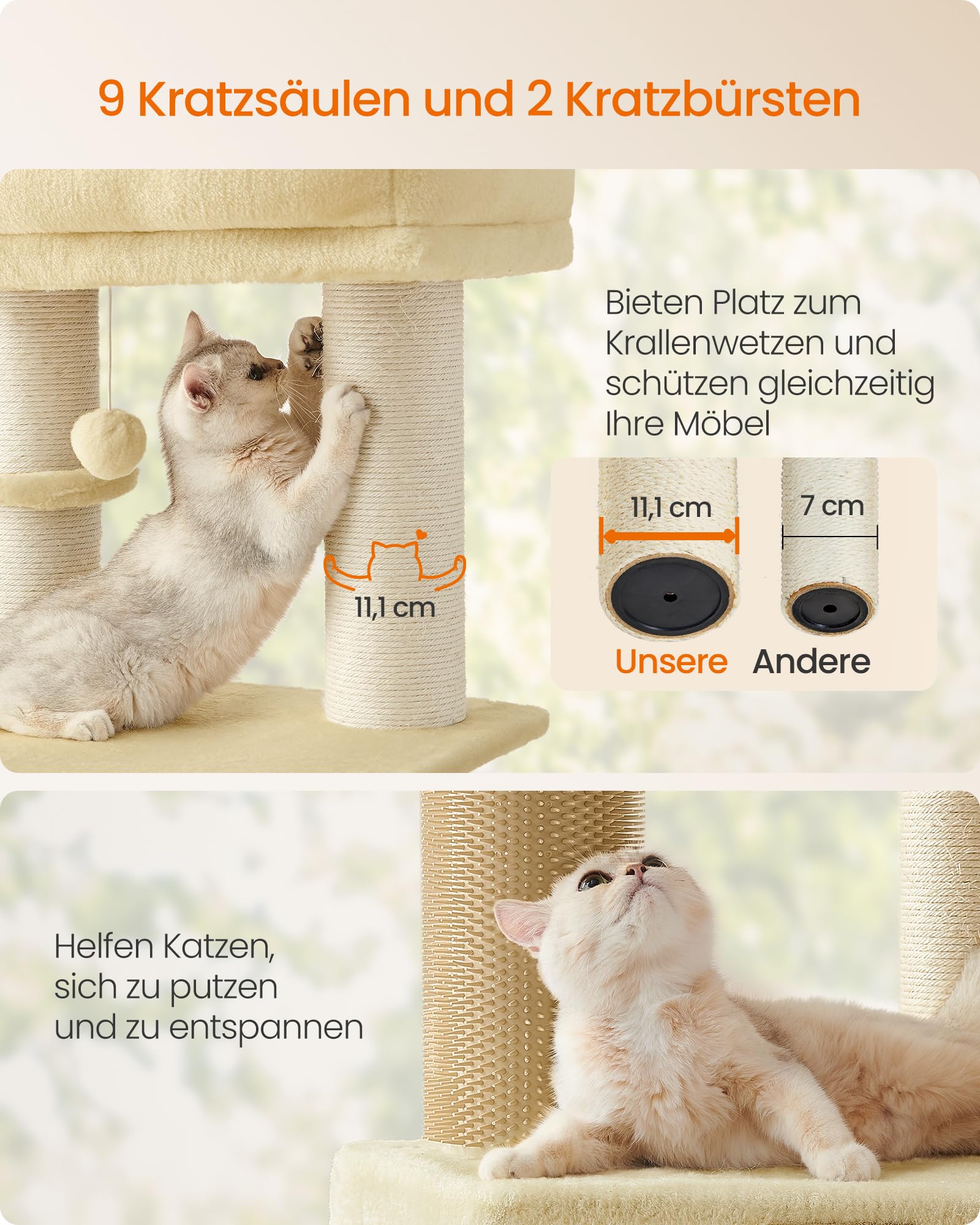 Feandrea Kratzbaum, mit warmen Decken, für große Katze, Katzenbaum, 2 Katzenbürsten, 11,1 cm d Dicke Stämme, große Plattformen, Höhle, 50 x 50 x 160 cm, Taubengrau-schwarz PCT003W01
