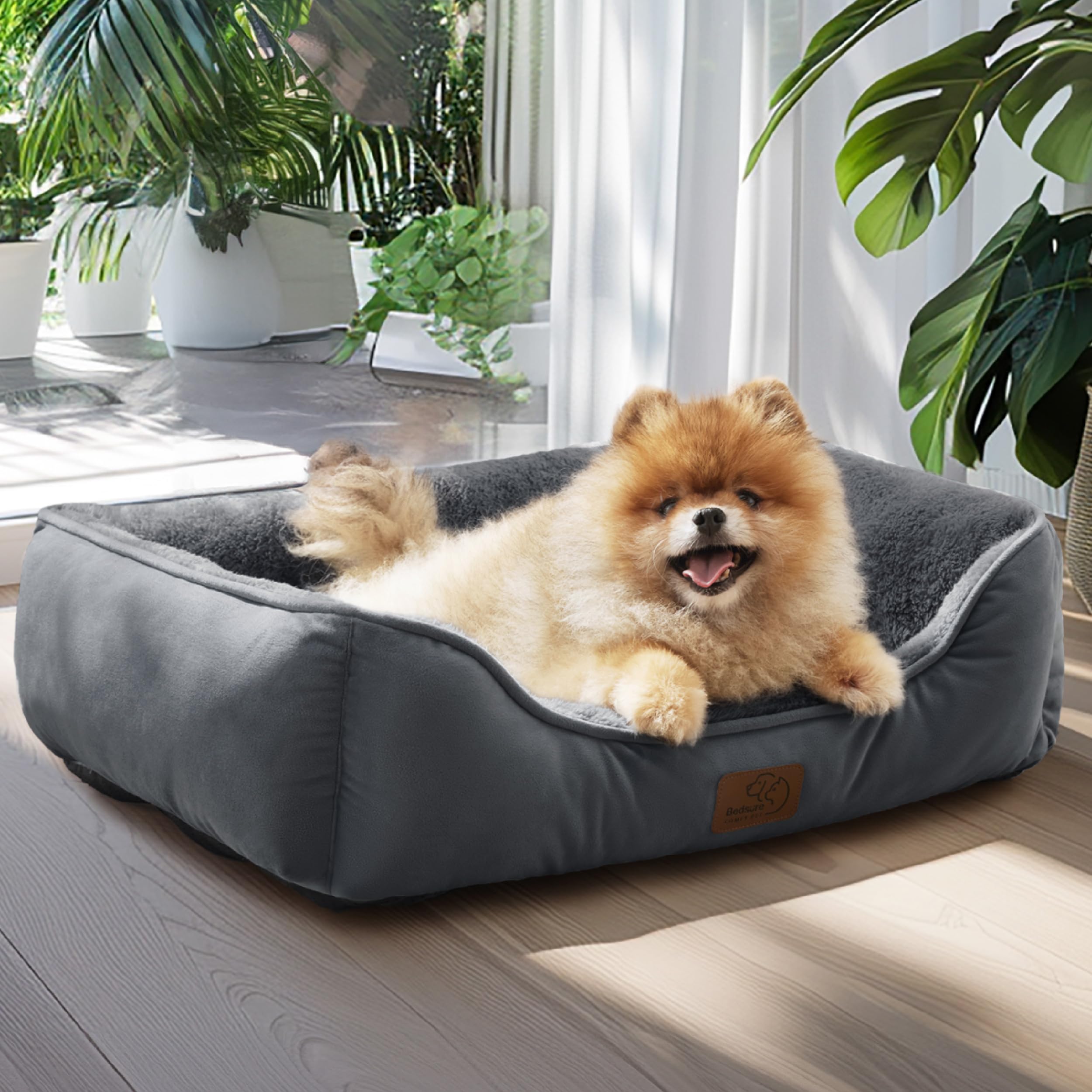 BEDSURE Katzenbett waschbar Katzen Bettchen - 51x41cm Katzenkorb Indoor mit Rutschfester Basis, quadratisches Hundebett für kleine Hunde mit weichem Rand, grau
