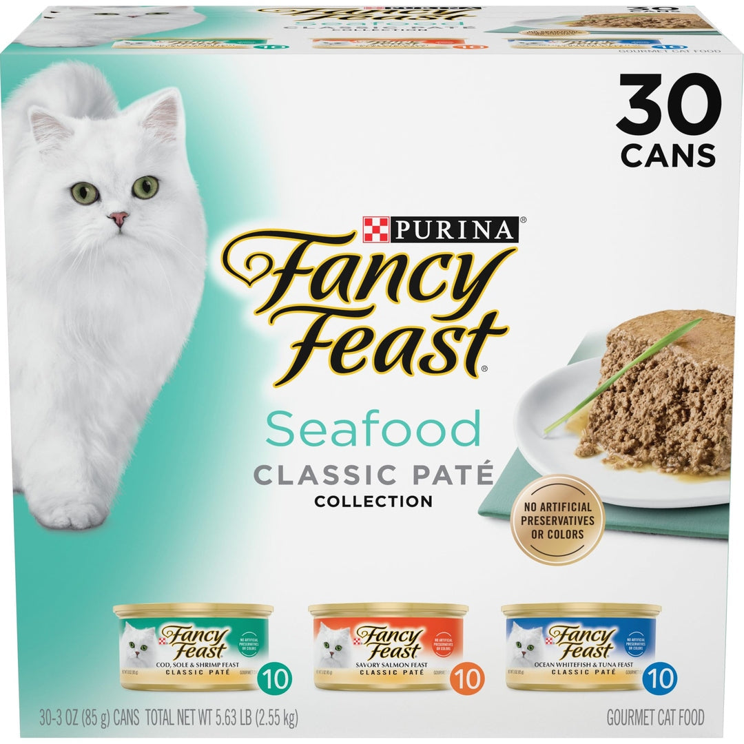 Purina Fancy Feast Seafood Classic Paté Collection Grain Free Wet Cat Food Variety Pack - (Pack of 30) 3 oz. Cans
