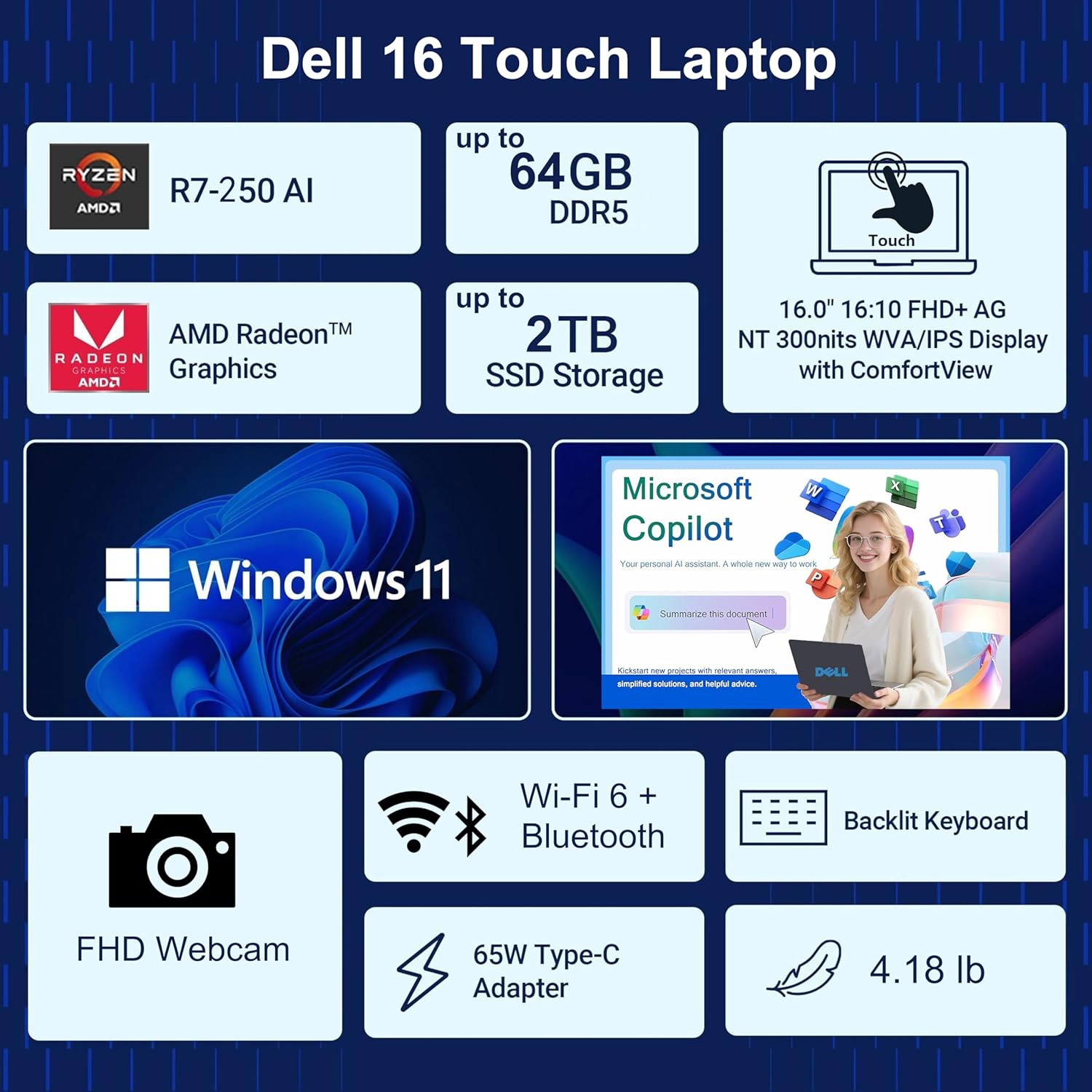 Dell Business Laptop Computer 2026, 16" FHD+ Touchscreen, AMD Ryzen 7 170 (8-Core, up to 5.1GHz), 32GB DDR5, 1TB SSD, Portable Office Professionals, Fast Charge, Backlit KB, Windows 11 Home, Black