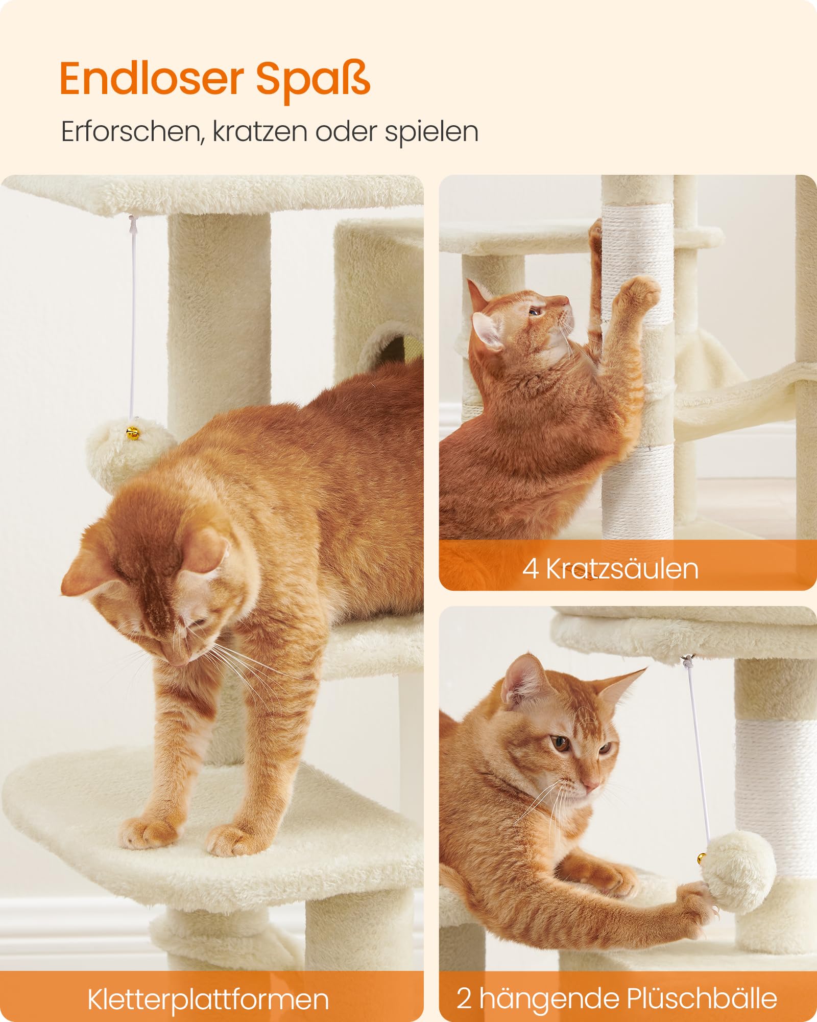 Feandrea Kratzbaum, 143 cm hoch, Katzenbaum, mehrstöckiges Katzenhaus, mit 4 Kratzsäulen, 2 Plattformen, Hängematte, Höhle, hellgrau PCT161W01