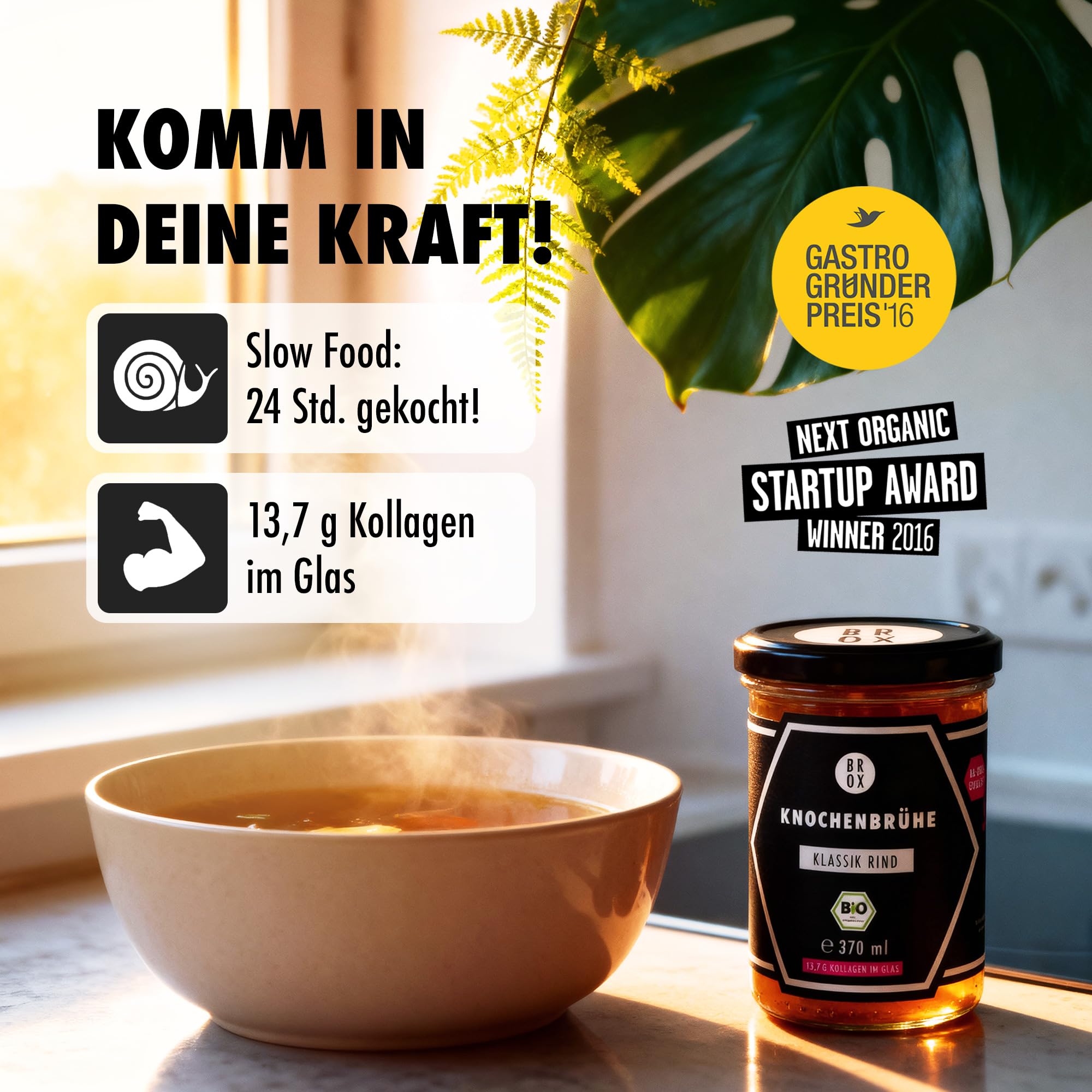 BROX Knochenbrühe Rind Bio [6x370ml] – 24 Std. gekocht, Deutschland – Kollagen & Aminosäuren – Rinderbrühe aus Weidehaltung – Premium Bone Broth