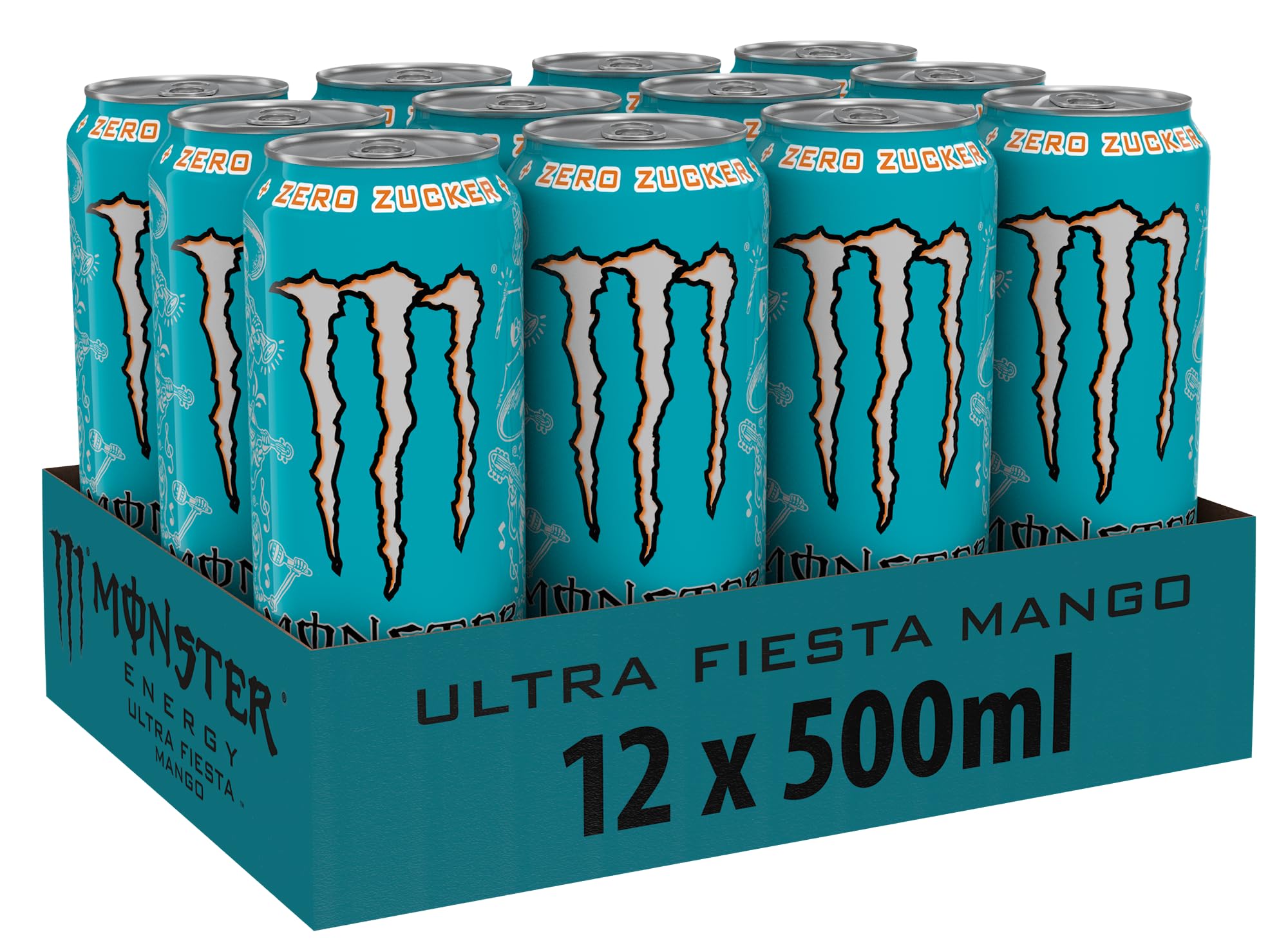 Monster Energy Ultra Fiesta - koffeinhaltiger Energy Drink mit leichtem Mango-Geschmack - ohne Zucker und ohne Kalorien - in praktischen Einweg Dosen (12 x 500 ml)