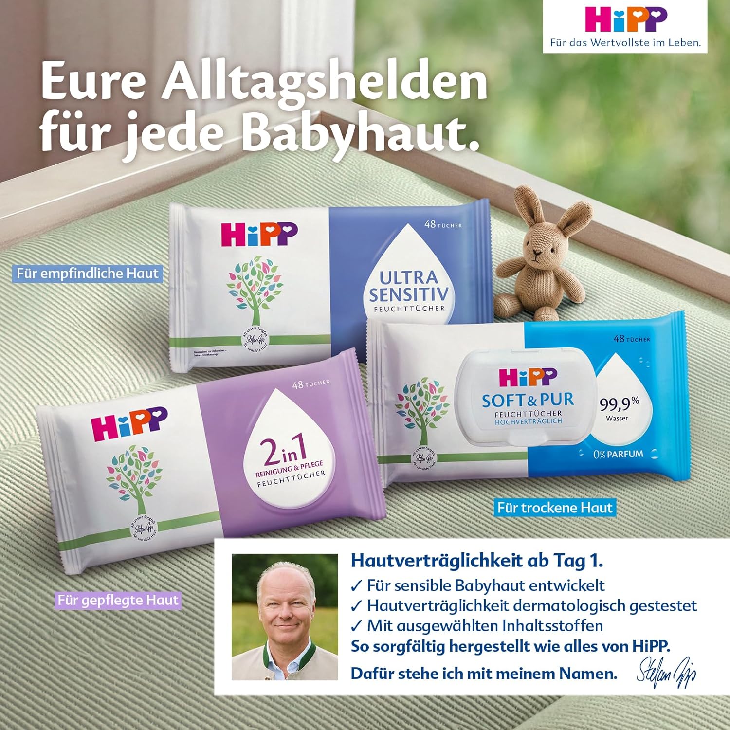 HiPP Soft & Pur Feuchttücher, 864 Stück (18 x 48), hochverträglich, 99,9 % Wasser, ohne Parfum, ideal für trockene, hochsensible Babyhaut, auch bei Neurodermitis-Neigung