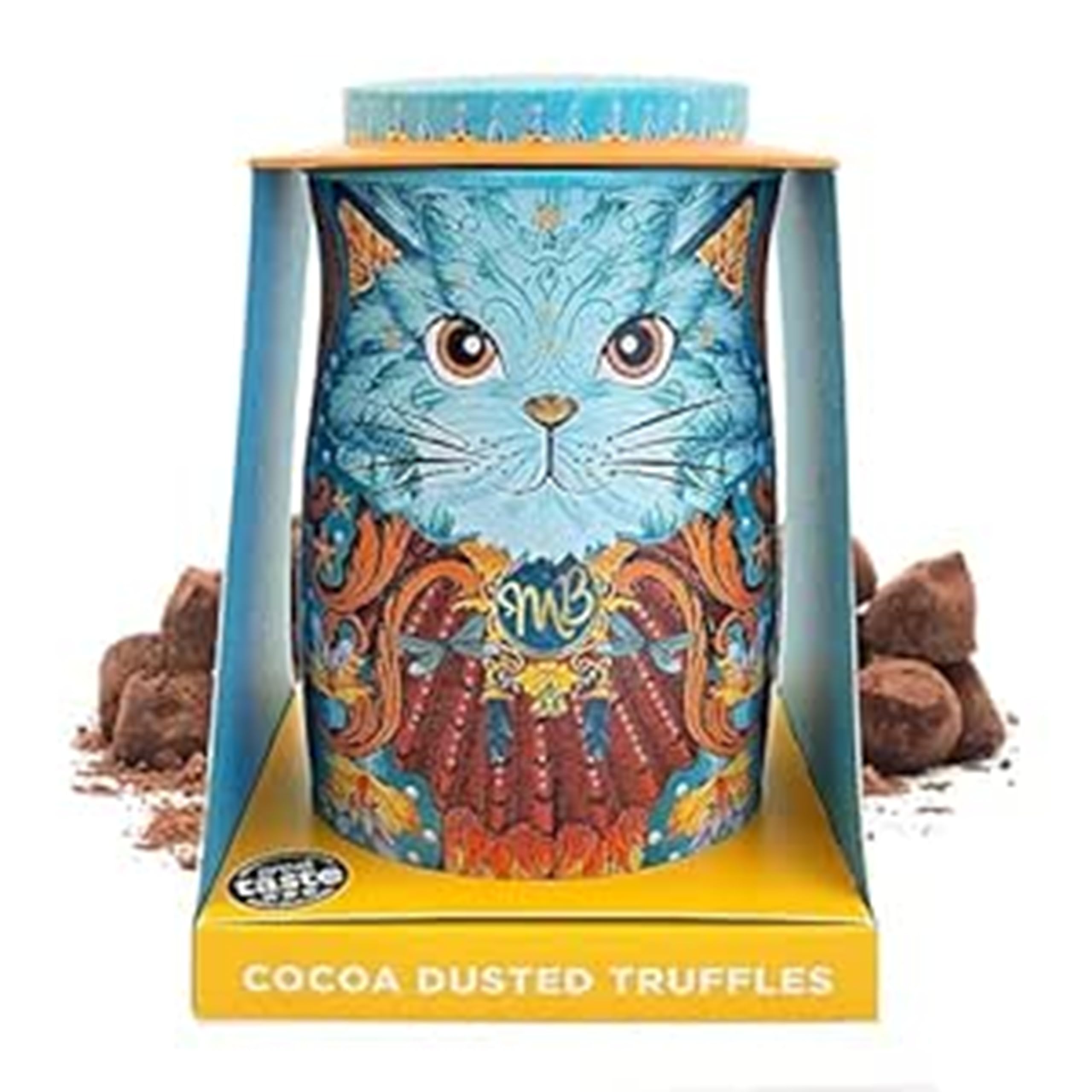Monty Bojangles Kit-Tins Schokoladentrüffel (4 x 36g) Truffle Pralinen mit Kakao bestäubt Pralinen, Schokolade Sammlerdose mit Katzen-Design, Geschenkset mit vier Geschmacksrichtungen