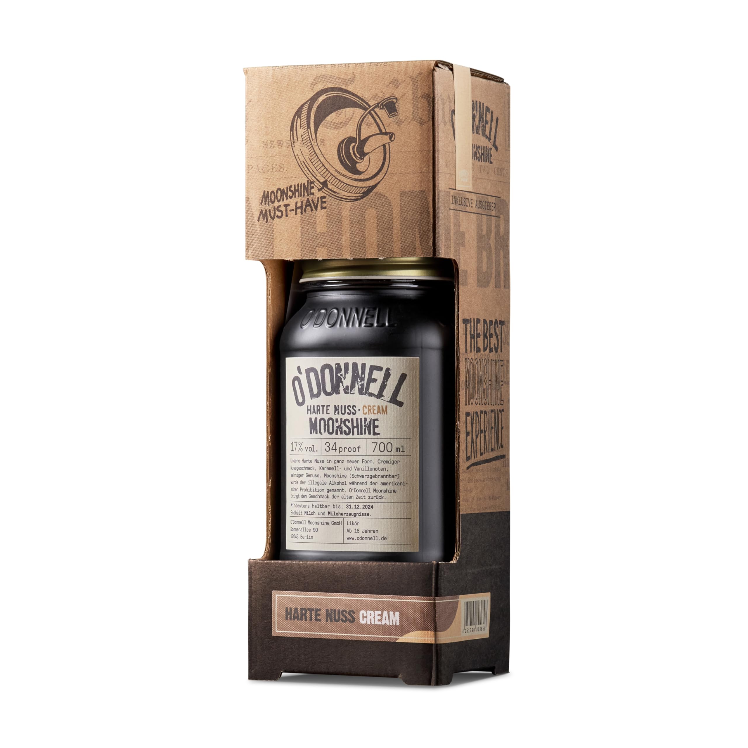 O'Donnell Moonshine Haselnusslikör Harte Nuss Geschenkset (+ Ausgießer) – Nuss Likör mit Whiskey & Karamell Geschmak (700ml) in Original Mason Jar – 25% Premium Spirituose Made in Berlin