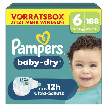 Pampers Baby-Dry Größe 8, 144 Windeln, 17kg+, Bis zu 100% Auslaufschutz & Komfort die ganze Nacht