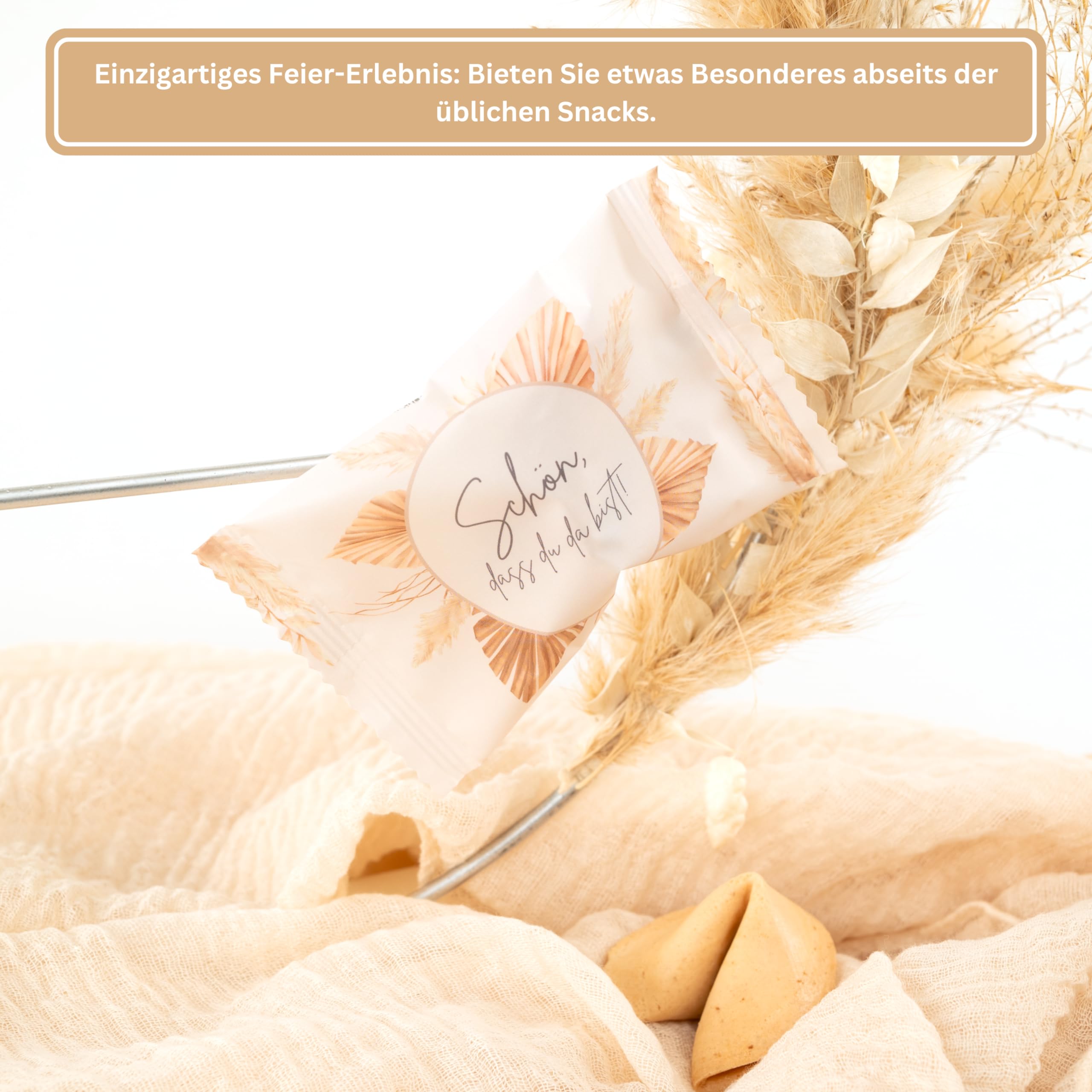 Lucky Treats Glückskekse - 25 Stück - Schön, dass du da bist - Gastgeschenke Hochzeit Deko - Sprüche auf Deutsch & Englisch - regional hergestellt
