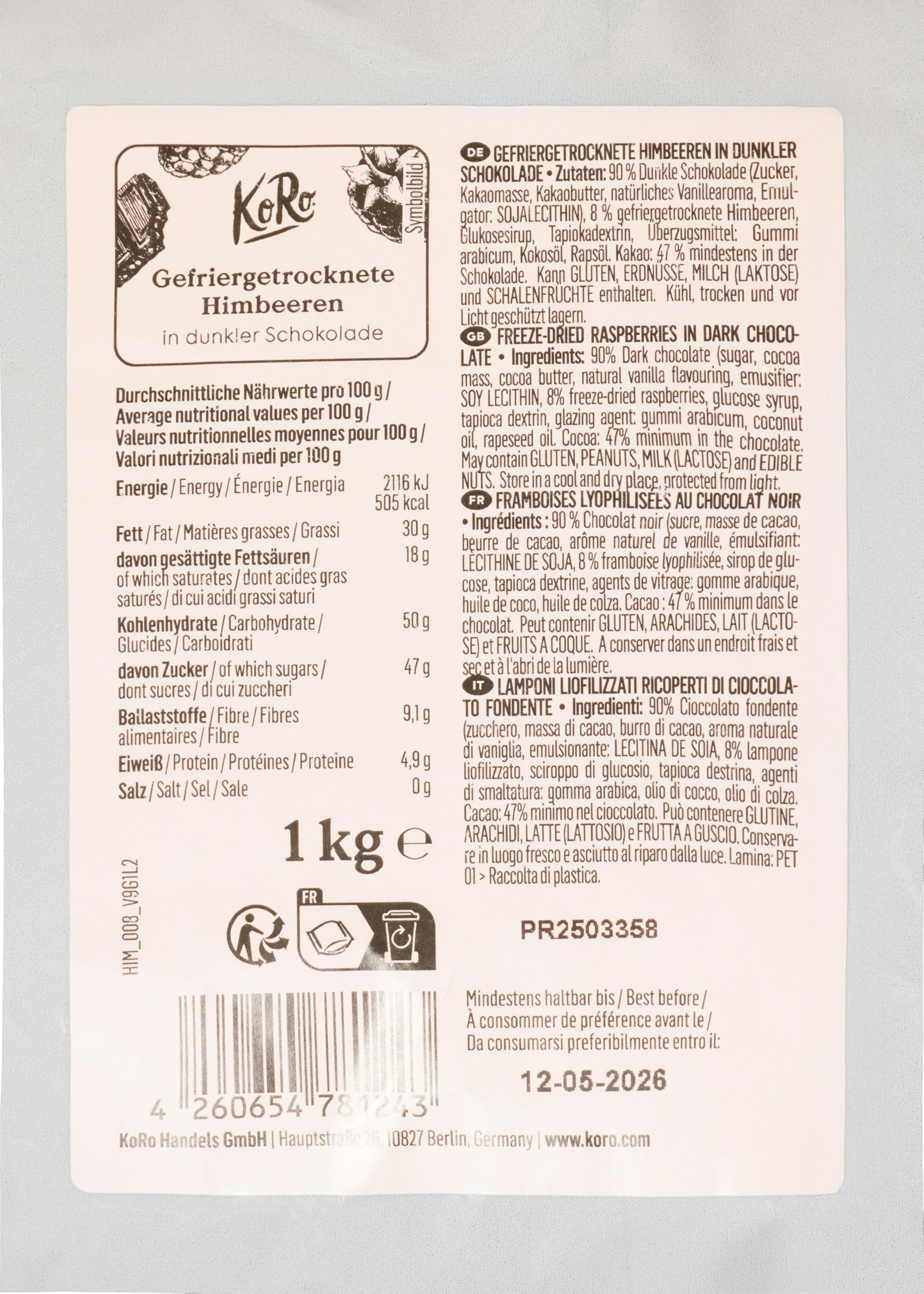 KoRo - Gefriergetrocknete Erdbeeren in Milchschokolade 1 kg - Knackig Fruchtig - Snack im Vorteilspack