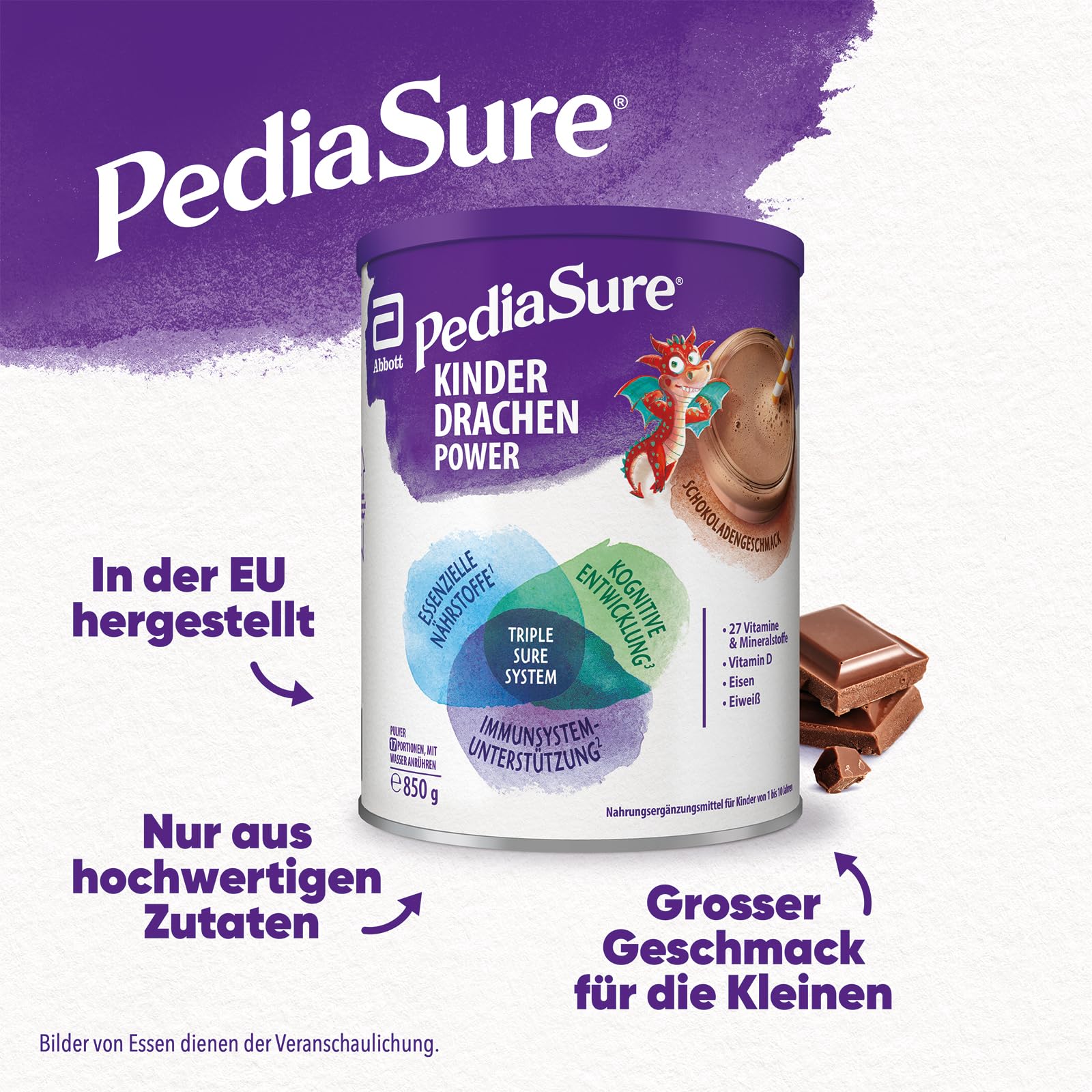 Pediasure Kinder Drachen Power Vanille 850g| leckerer Nahrungsergänzungsshake für Kinder ab 1 Jahr|mit 27 Vitaminen & Mineralien, Protein und triplesure Komplex|Verpackung kann variieren