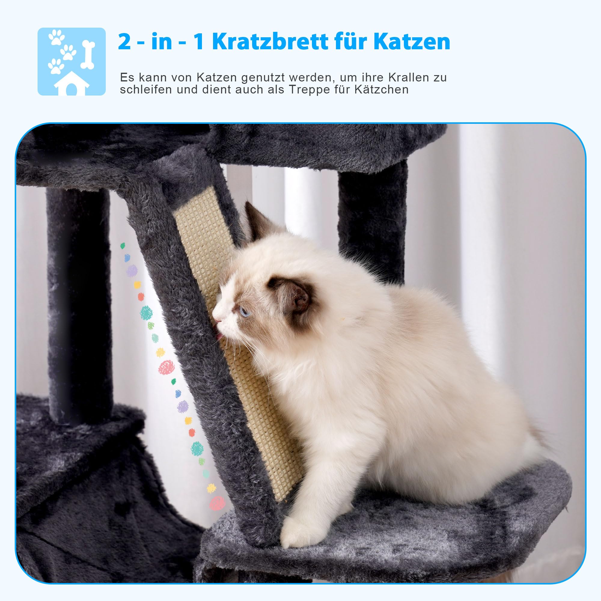 Hey-Brother Kratzbaum, 135 cm Indoor Katzenbaum, Mit gepolsterter Plattform Bett, Spielzeug Ball, Höhlen, Hängematte und Sisal Kratzbaum Katzenhaus, Hellgrau MPJ019-SW