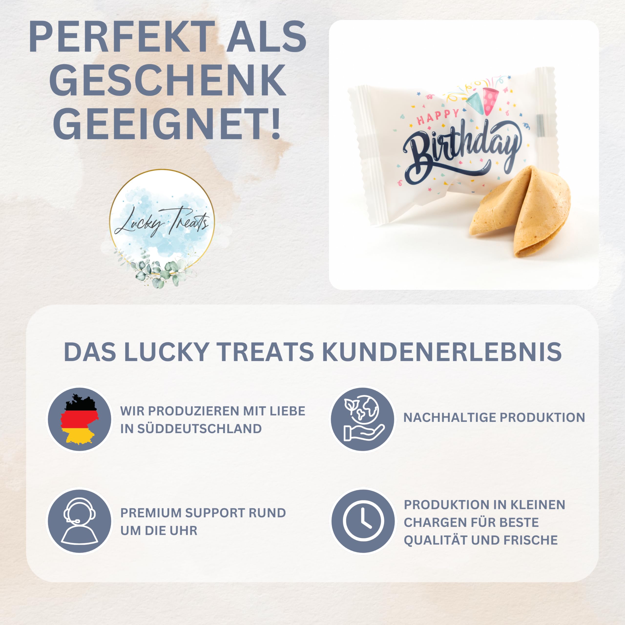 Lucky Treats Glückskekse - 25 Stück - Schön, dass du da bist - Gastgeschenke Hochzeit Deko - Sprüche auf Deutsch & Englisch - regional hergestellt