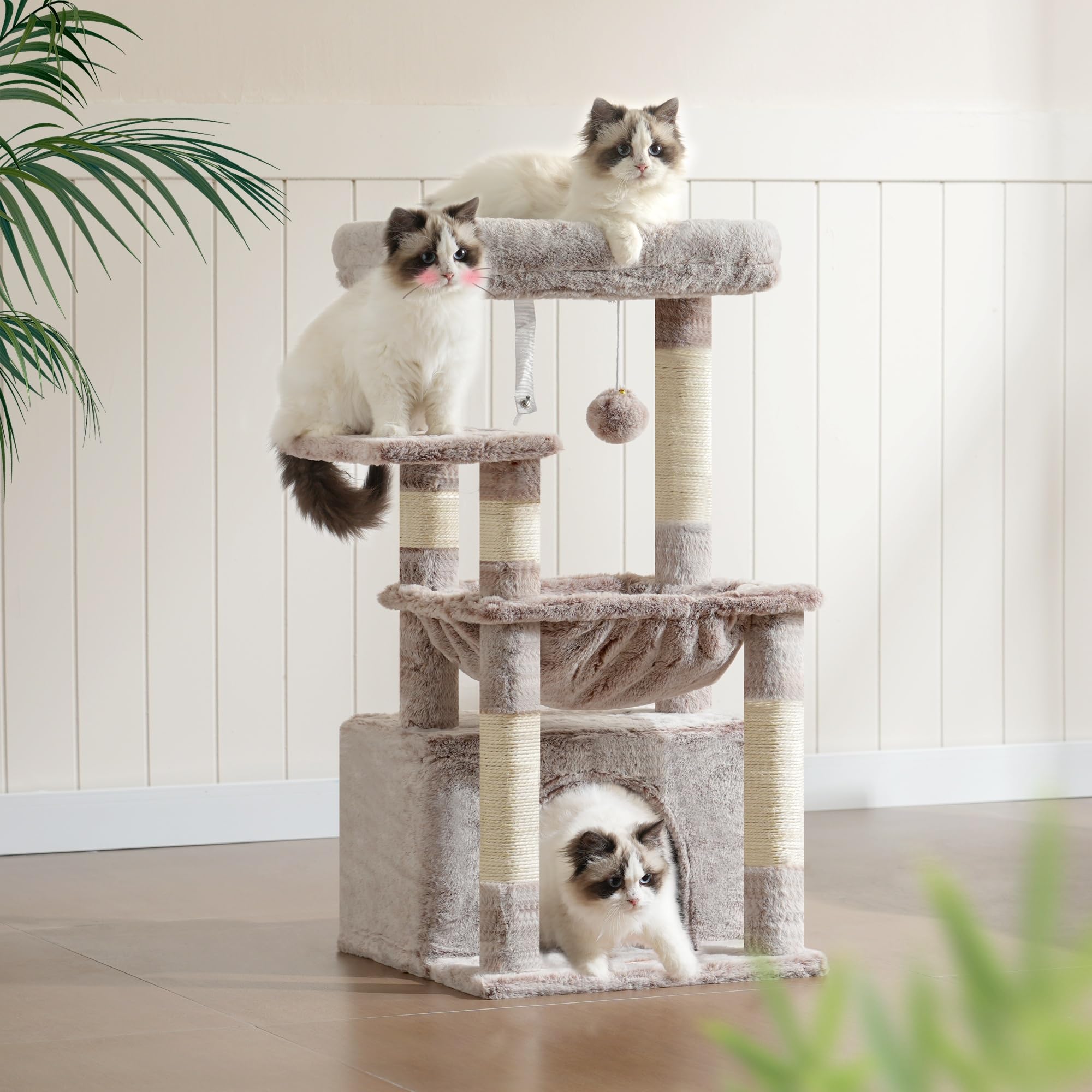 Heybly Kratzbaum, Katzenbaum mit Extra Großem, Weichem Katzenkorb, Katzenkratzbaum mit Geräumigem Katzenbett und Verstecktem Schlafplatz, Robusten Sisal-Kratzsäulen, Hellgrau HCT008SW