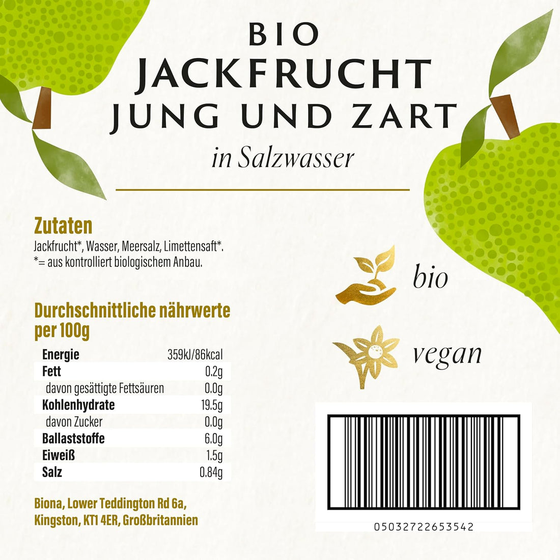 Biona Organic Jackfruit in Salted Water 400g (Pack of 6) - Vegan Meat Substitute, Certified Organic, Perfect for Tacos, Burgers, & Stews