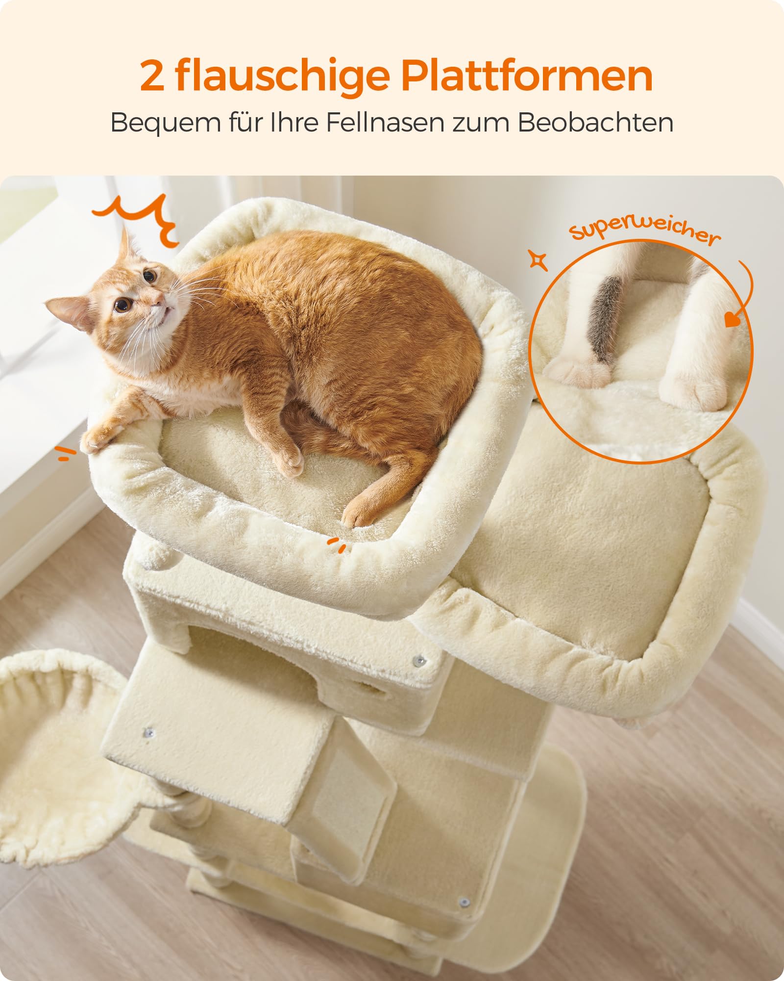 Feandrea Kratzbaum groß, 203,5 cm hoch, XXL Katzenbaum, mit 13 Kratzsäulen, 2 Plattformen, 2 Höhlen, Korb, Hängematte, Plüschbälle, mehrstöckiger Katzenkratzbaum, rauchgrau PCT190G01