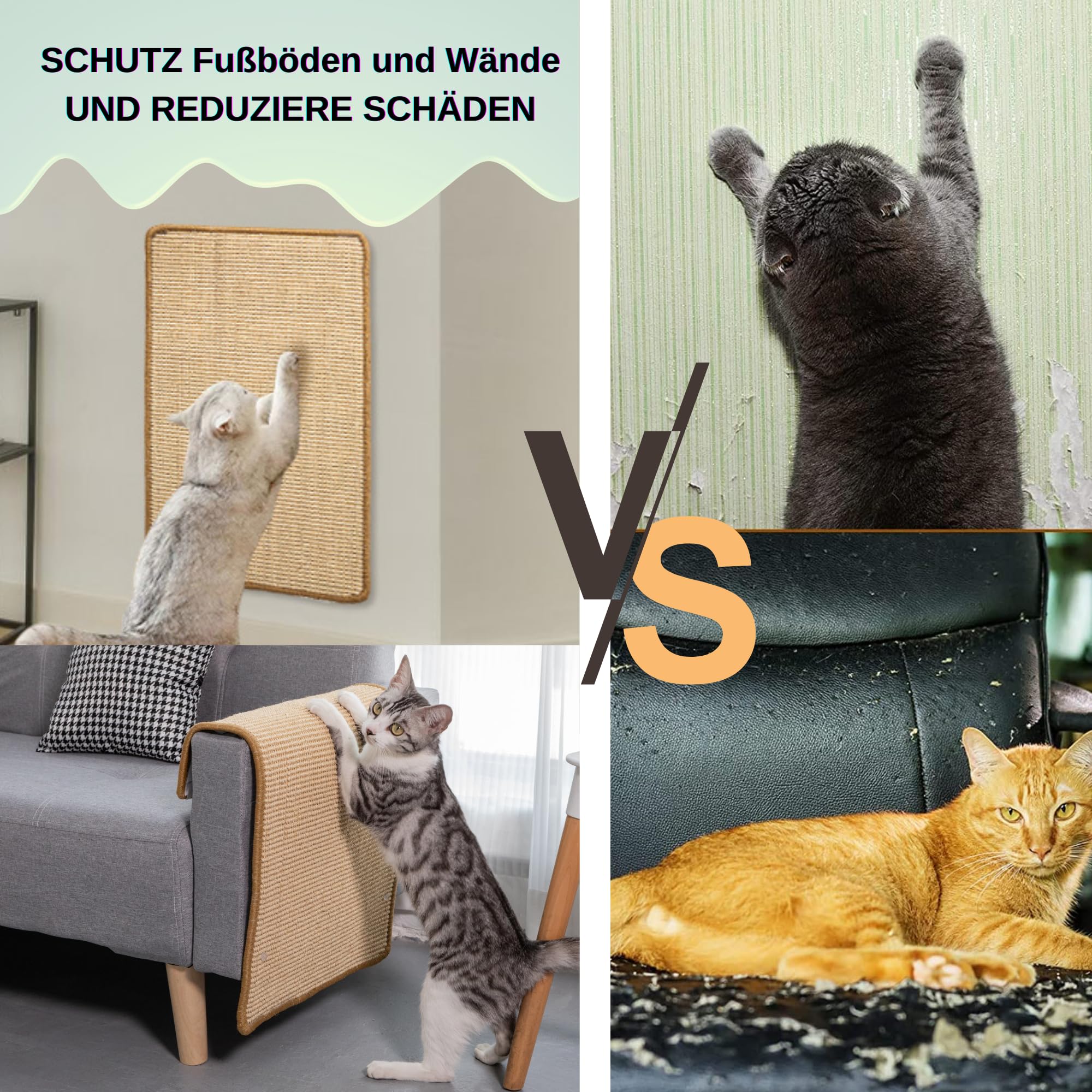 2 Stück Kratzmatte aus Sisal, Kratzmatte für Katzen, mit Klebeband, Katzenkratzmatte, Teppich zum Schutz der Wand, 60 × 25 cm (Braun)