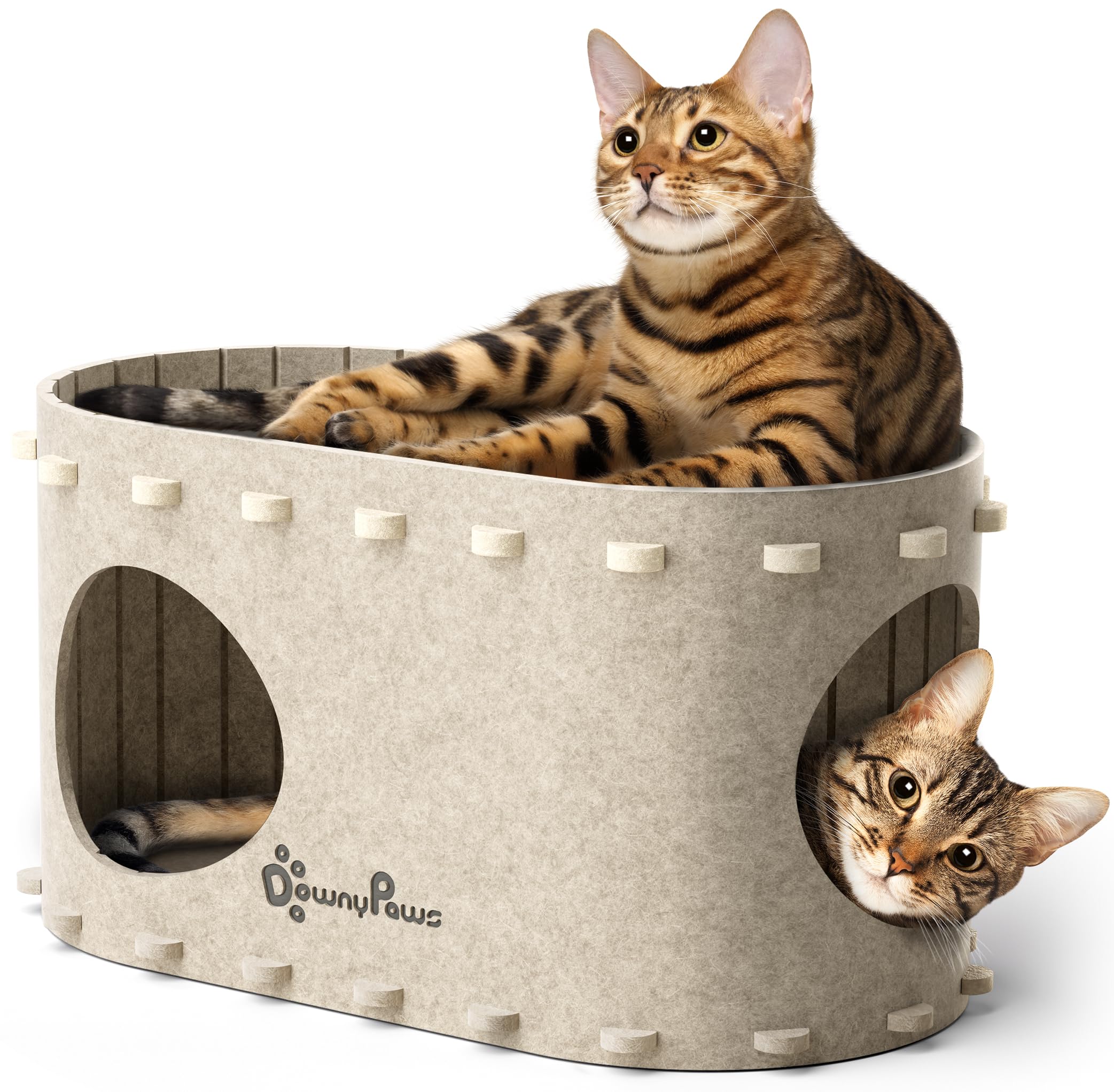 Katzenhöhle Filz, Katzenhaus aus Filz, Katzenbett, Katzenhöhle für Katzen, 58 x 33 x 30cm, Peek-a-Boo zum Spielen, Winterfest, Schutz der Katzennägel, Beige