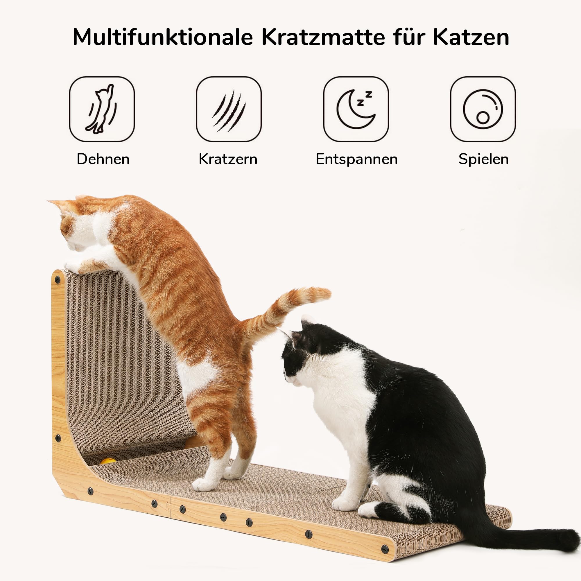FUKUMARU Kratzbrett Katzen, 68 cm hohe L förmige Kratzpappe für Katzen, widerstandsfähig Katzenkratzbrett mit Ballspielzeug, Kratzmöbel aus hochwertiger Karton für Wand und Ecke, Groß