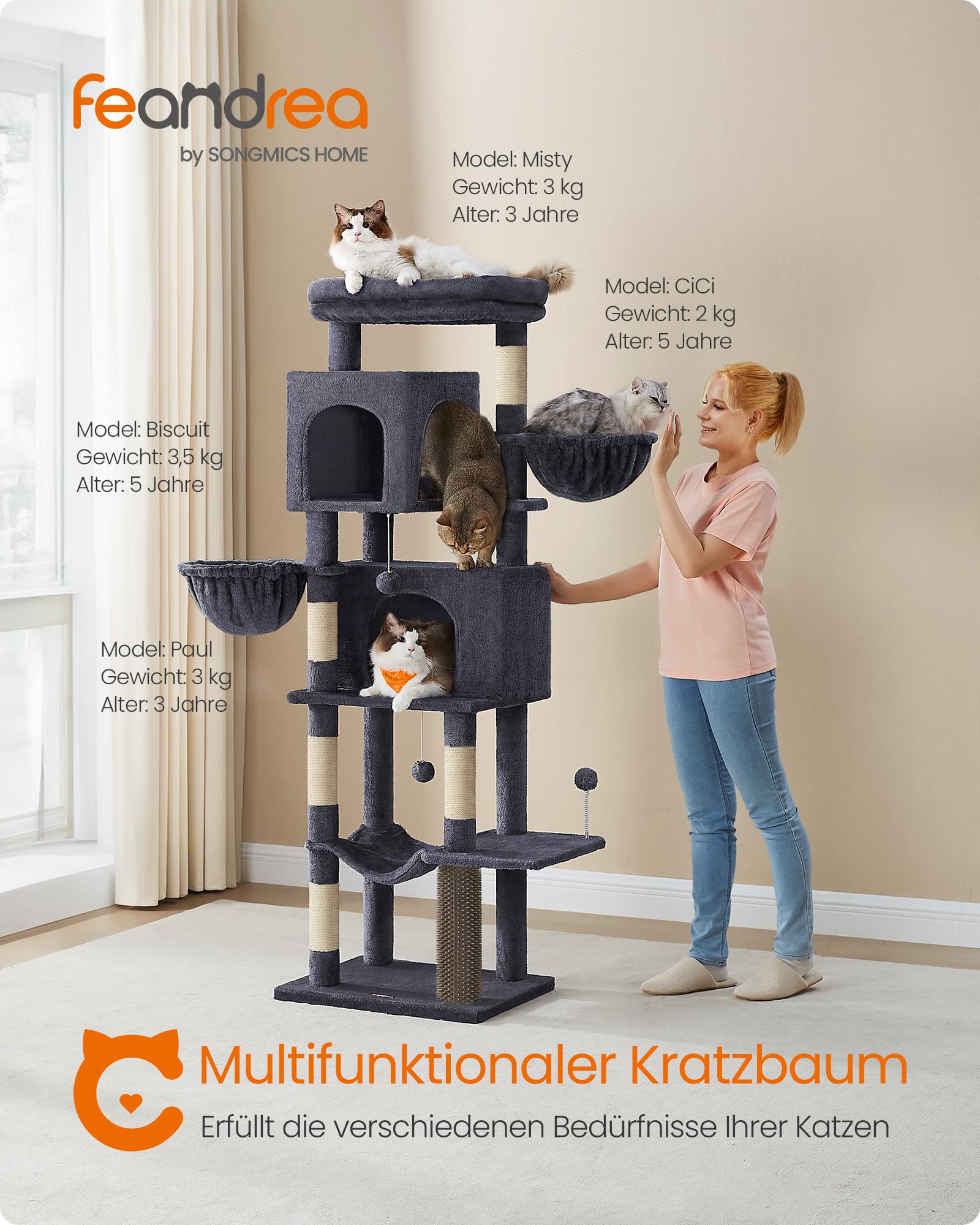 Feandrea Kratzbaum, 175 cm hoch, XL, mehrstöckiger Katzenbaum mit 2 Höhlen, 2 Liegemulden, 5 Kratzsäulen, Katzenbürste, große Plattform, Taubengrau PCT182G01