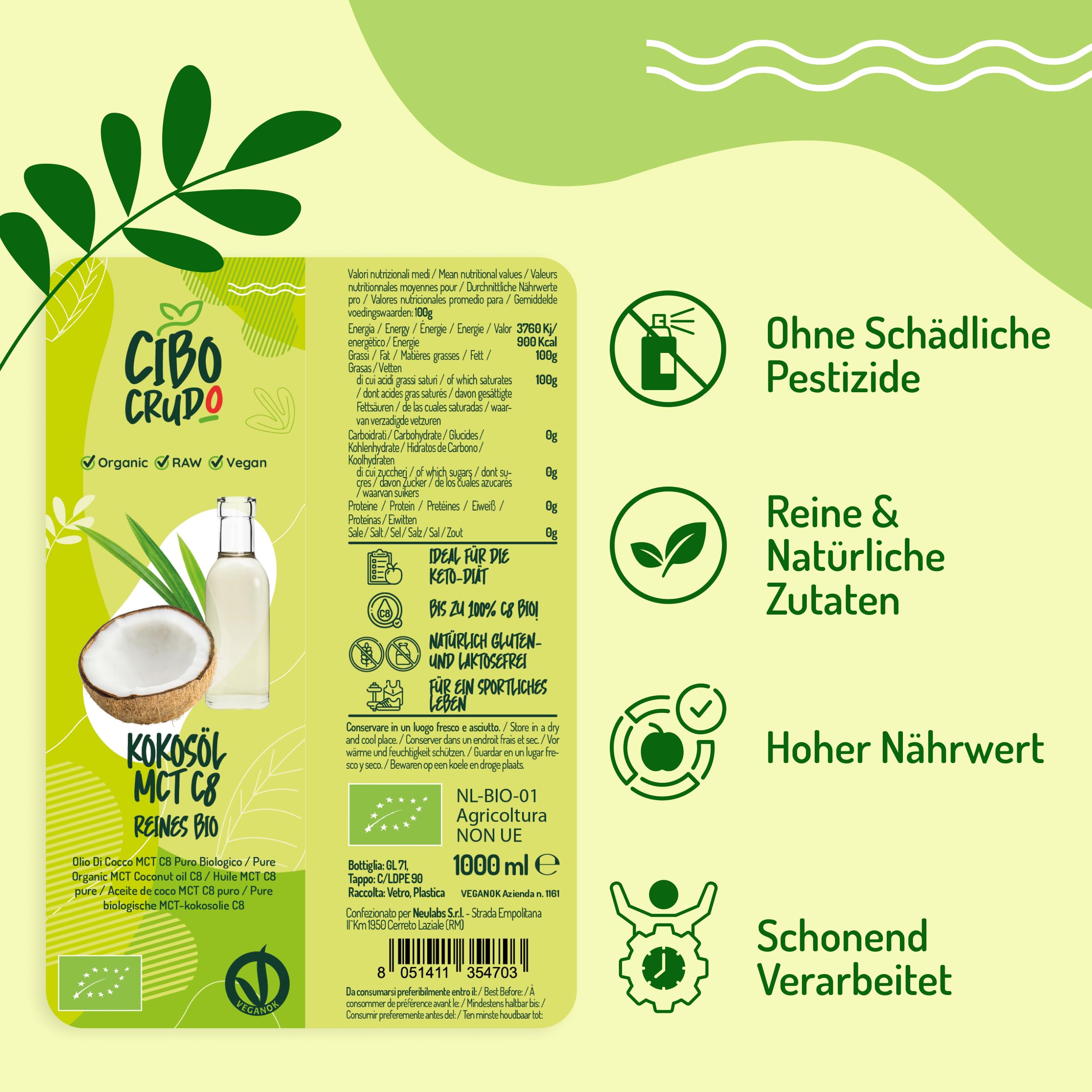 C8 MCT Öl Bio - 1 Lt. Biologische und Rein mct öl c8 für Keto Paleo oder zur Anwendung auf Körper und Haar. Veganes und Vegetarisches.