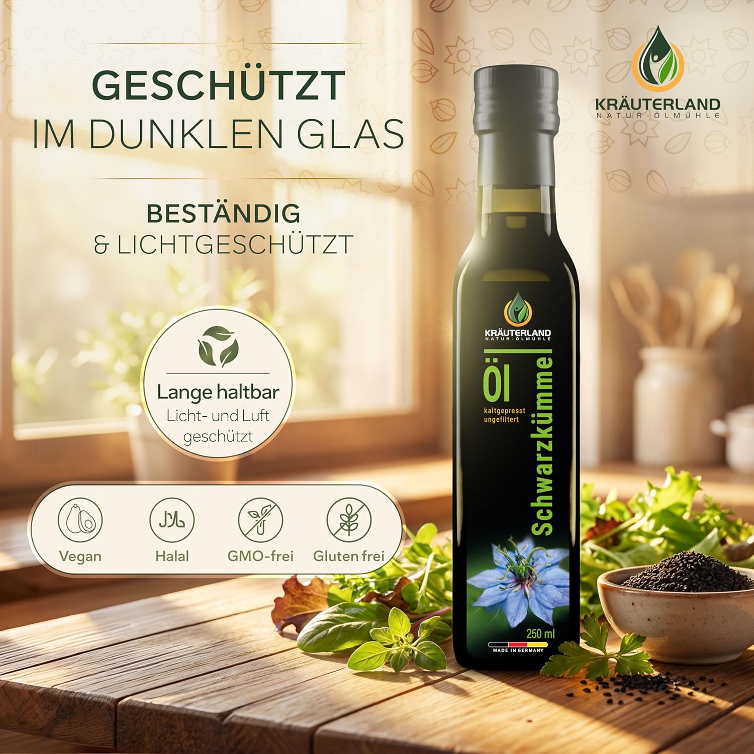 Kräuterland Schwarzkümmelöl 4X250ml (1000ml), ungefiltert, Omega 3-6-9, naturrein ohne Zusatzstoffe, hoher Thymoquinine, vegan, mild, kaltgepresst, mühlenfrisch aus unsrer hessischen Ölmühle