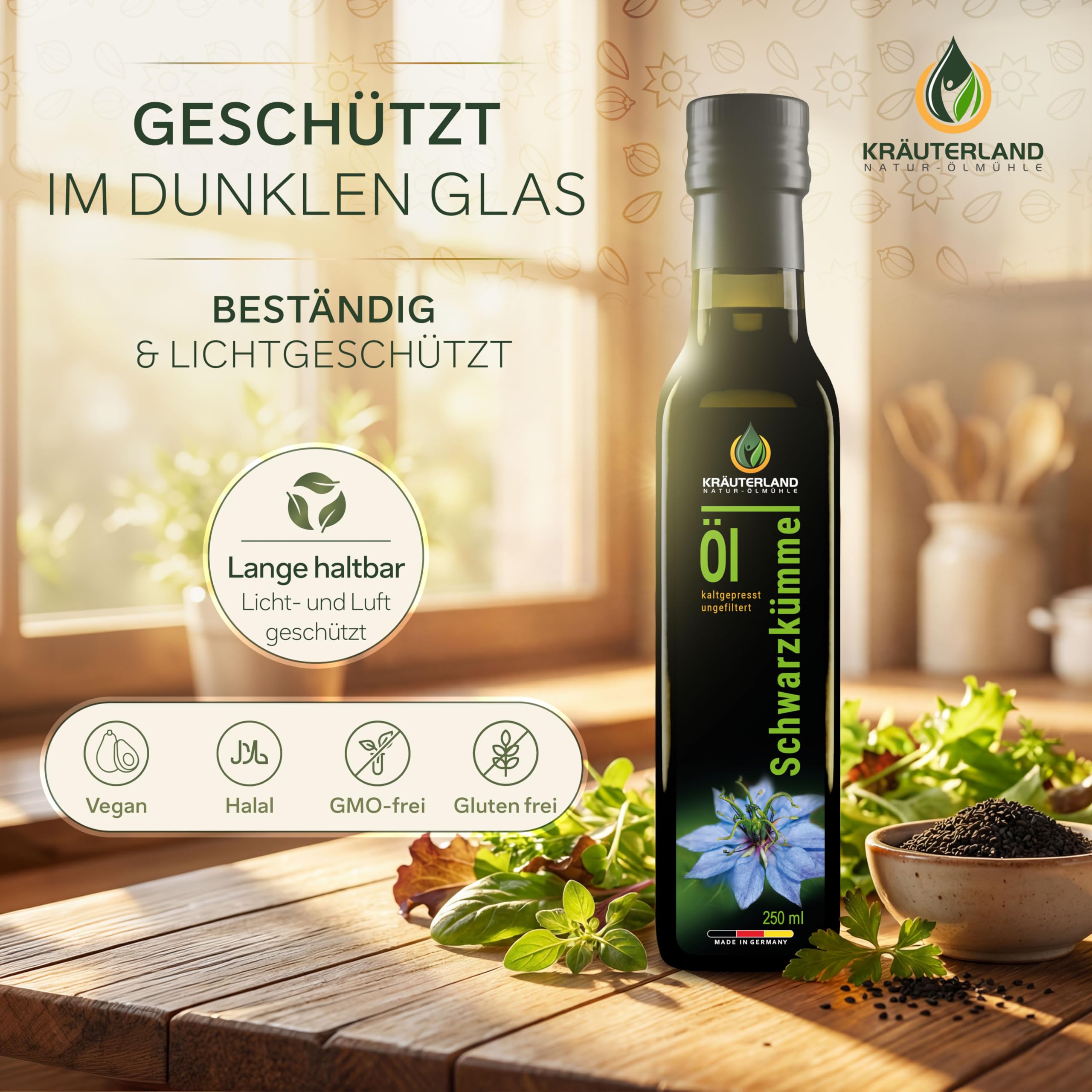 Kräuterland Schwarzkümmelöl 500ml, kaltgepresst & ungefiltert, hoher Thymochinon‑Anteil, ägyptische Samen, mühlenfrisch, 100 % Nigella sativa, naturrein ohne Zusatzstoffe, lichtgeschützten Glas