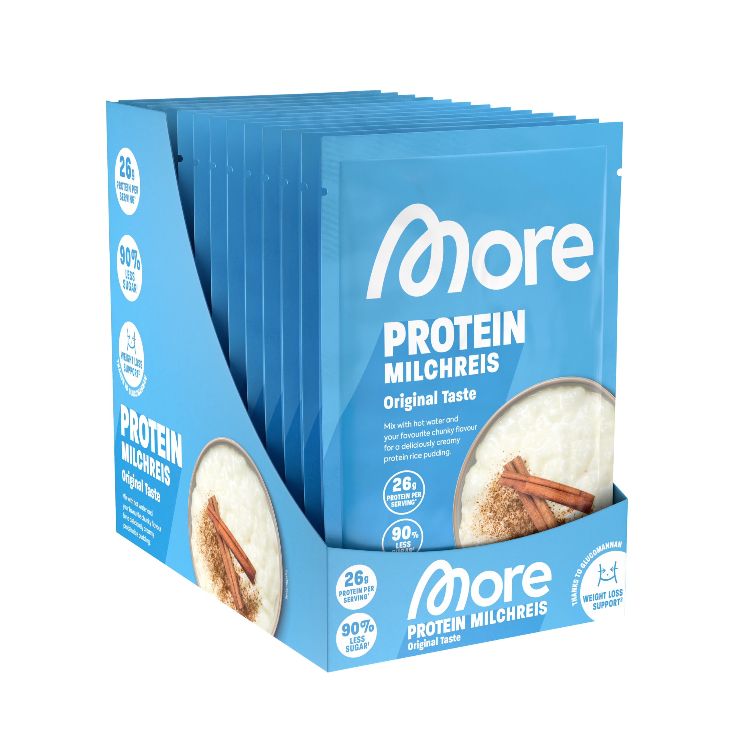 More Protein Milchreis, 13er Tray, 13 x 65 g, 26 g Eiweiß pro Portion, schnelle Zubereitung ohne Kochen, cremig leckerer Milchreis mit weniger Zucker und Fett, perfekt zum Verfeinern