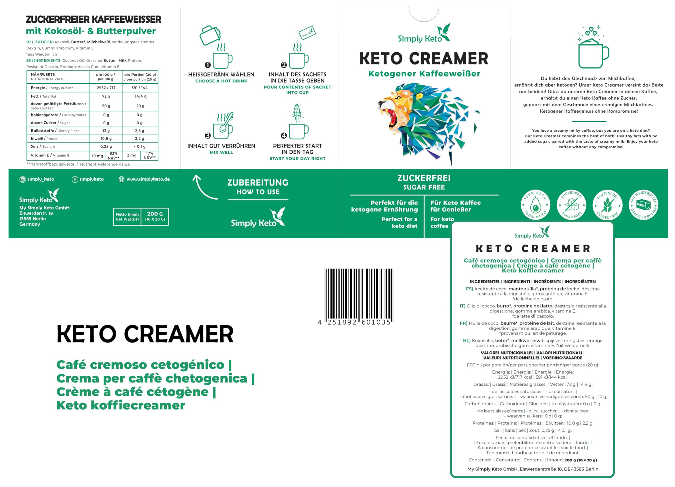 Simply Keto Keto Creamer Vorratsdose 450g - Ohne Zuckerzusatz ketogener Kaffeeweißer für leckeren Milchkaffee - Mit Kokosöl & Weidebutter - Ohne Zucker & Kohlenhydrate - Optimiert für Geschmack