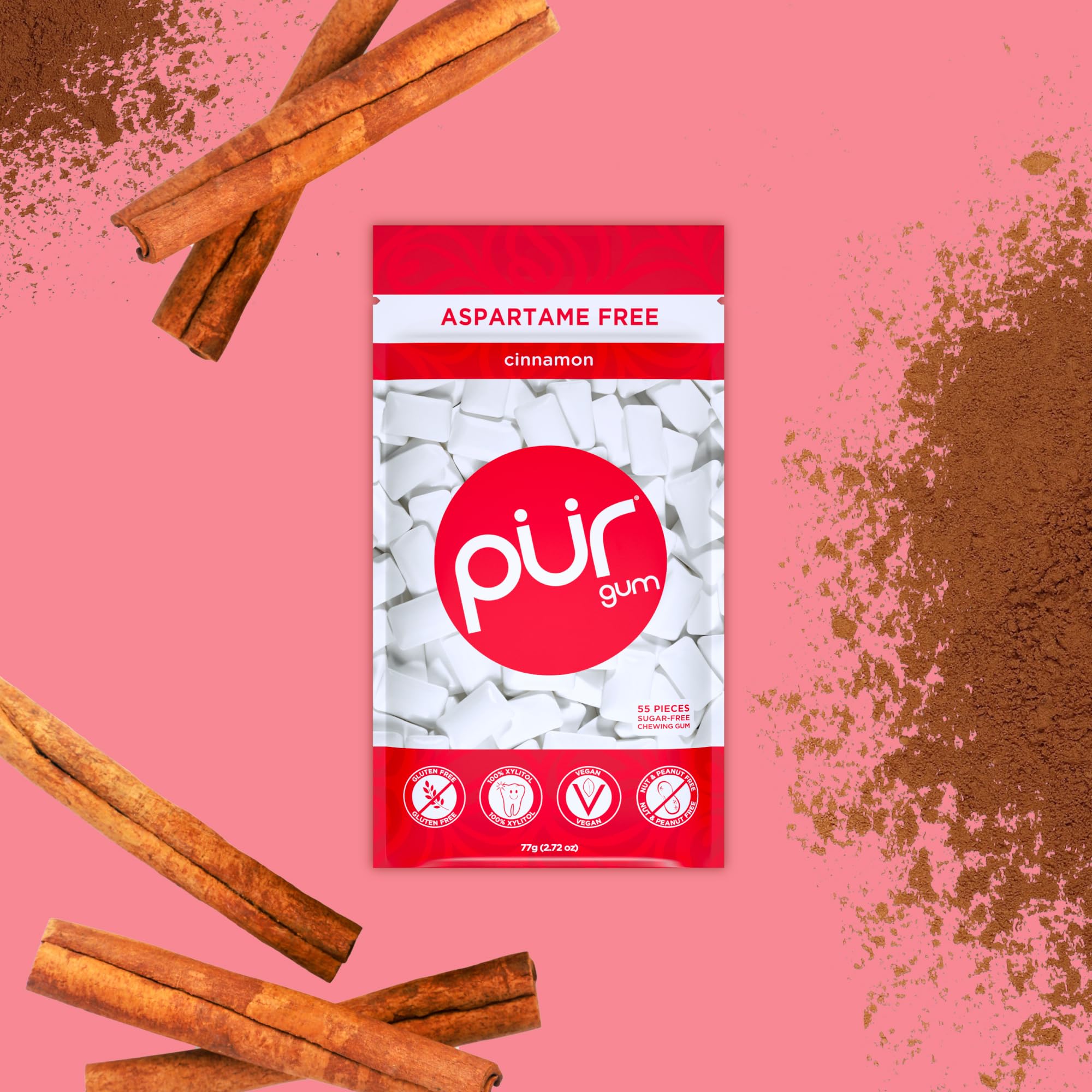 PUR Gum | Zuckerfreier Kaugummi | Mit Xylit | Vegan, Aspartamfrei & Glutenfrei | Natürlicher Kaugummi Mit Spearmint-Geschmack, 55 Stück (3er Pack)