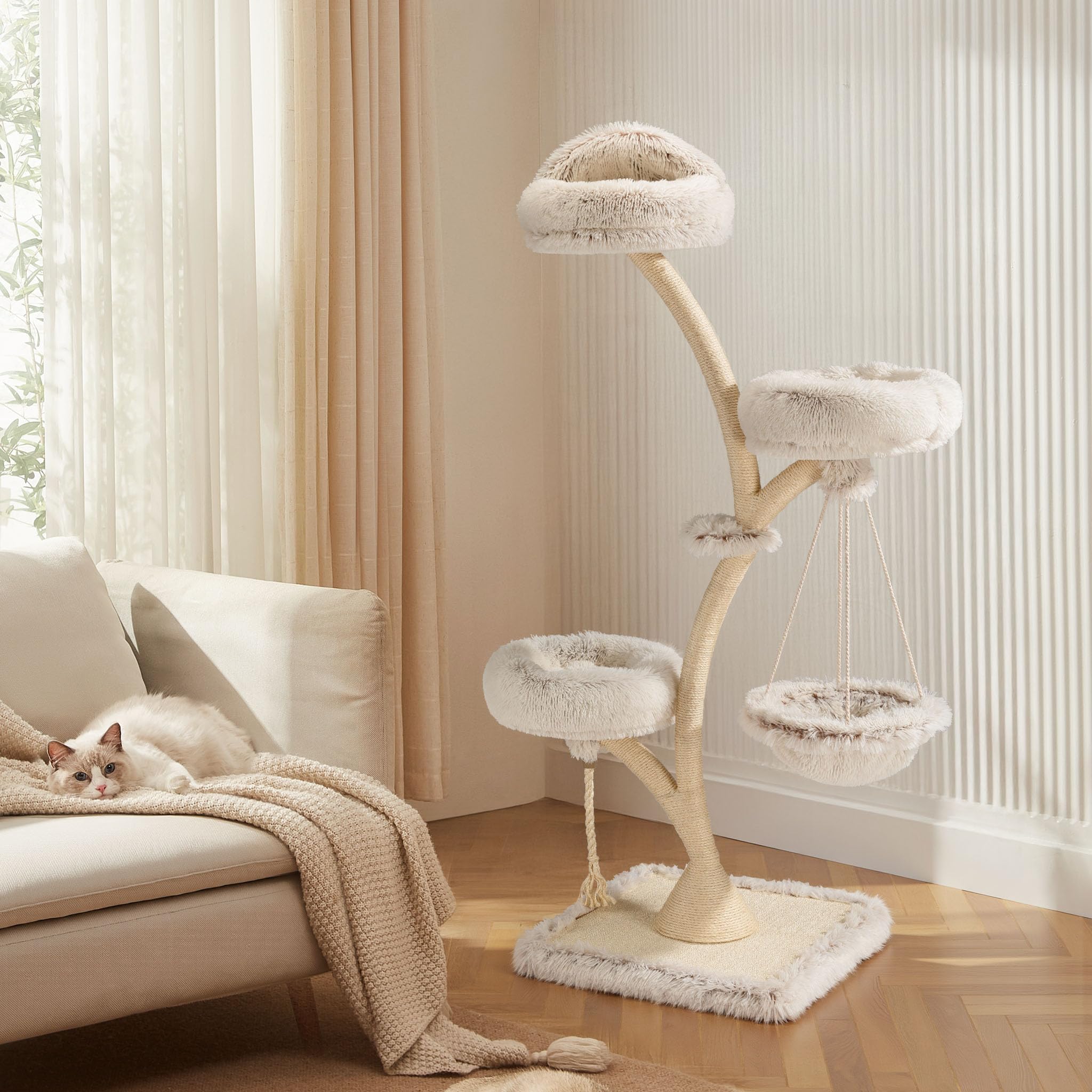 Fudajo Designer Kratzbaum mit Hängeliege, Katzenkratzbaum 59 x 59 x 169 cm, Katzenbaum bis max. 15 kg mit Sisal und Plüsch, Katzenmöbel mit 3 Etagen