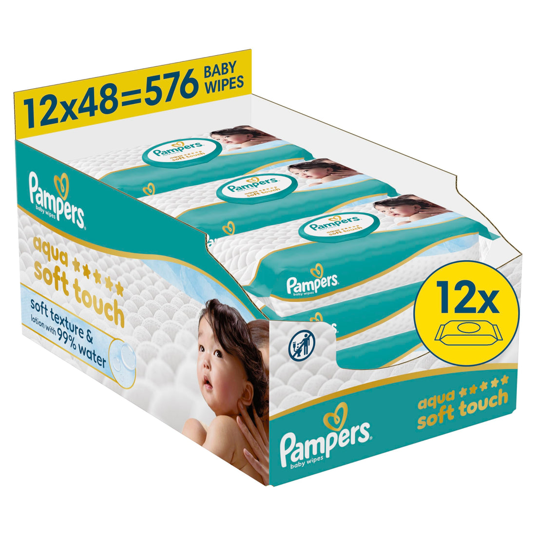 Pampers Aqua Soft Touch Baby-Feuchttücher, 18 Packungen mit 48 Feuchttüchern = 864 Baby-Feuchttücher, weiche Textur & Lotion mit 99% Wasser