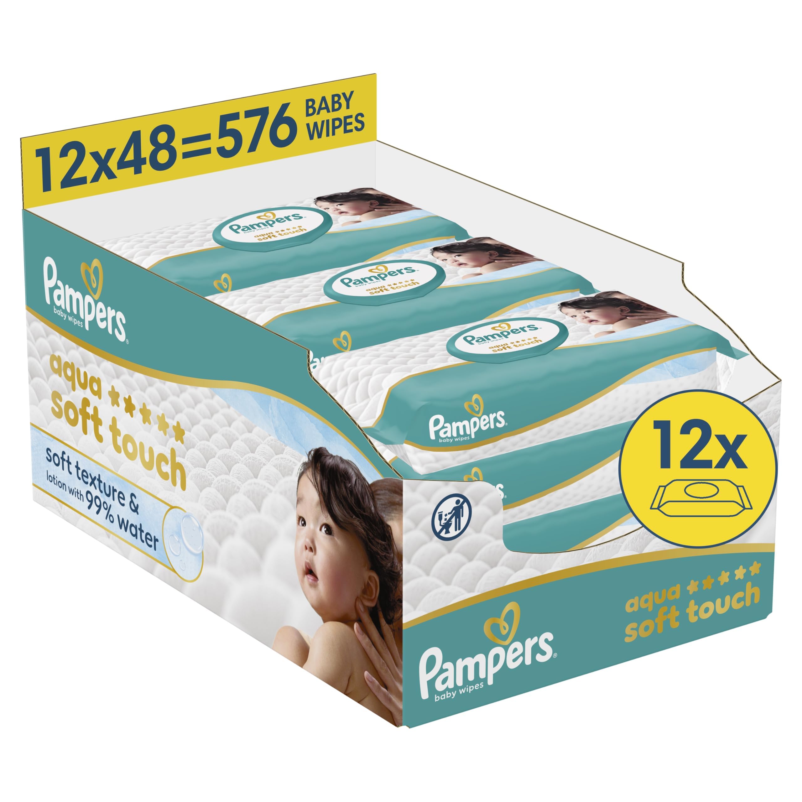 Pampers Aqua Soft Touch Baby-Feuchttücher, 18 Packungen mit 48 Feuchttüchern = 864 Baby-Feuchttücher, weiche Textur & Lotion mit 99% Wasser