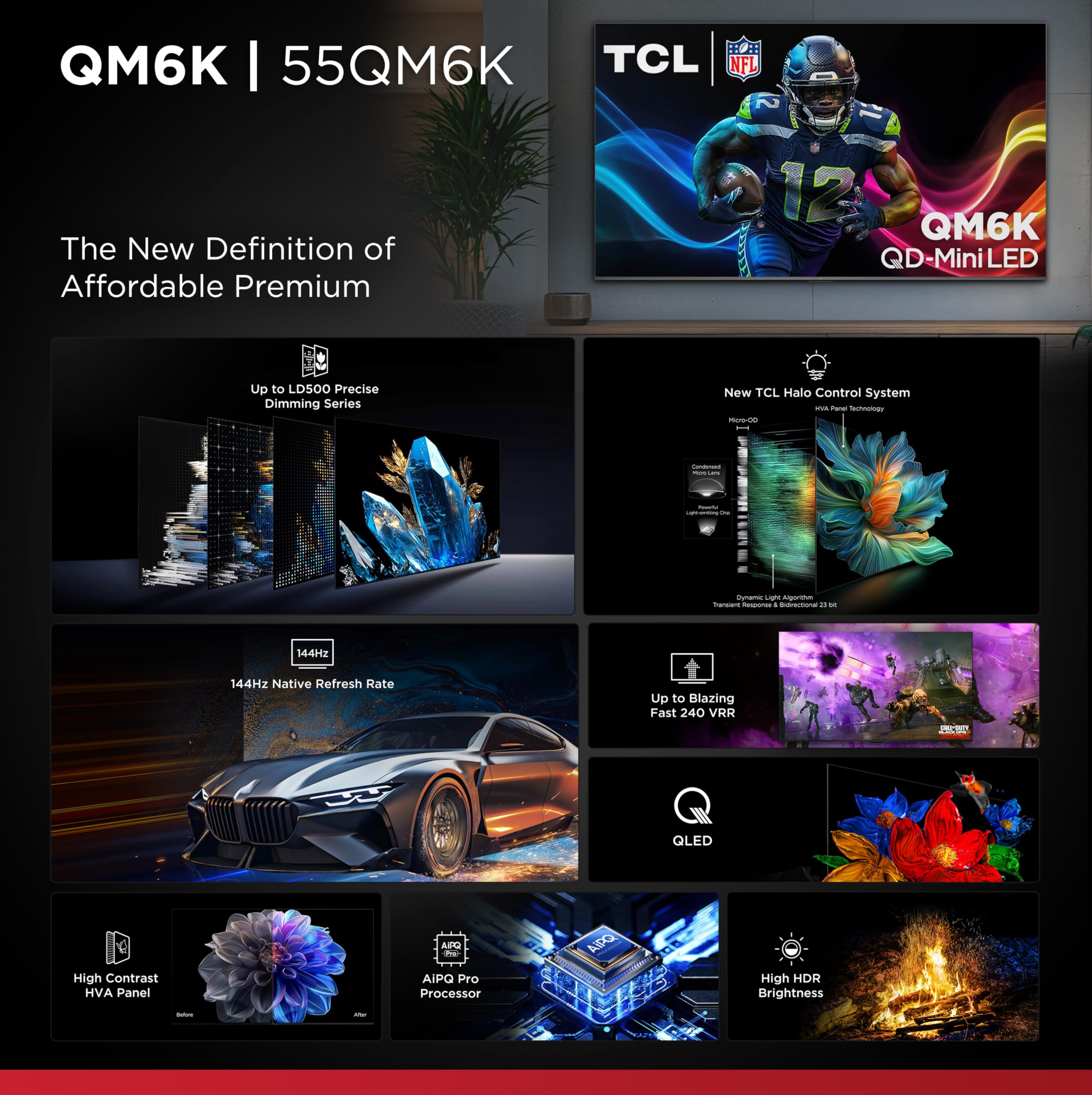 TCL 55 Inch Class QM6K Series | Mini LED QLED 4K HDR | 55QM6K, 2025 Model | 120HZ-144HZ High Brightness Smart Google TV Dolby Atmos Onkyo Audio | Voice Remote Alexa Gaming Streaming Television