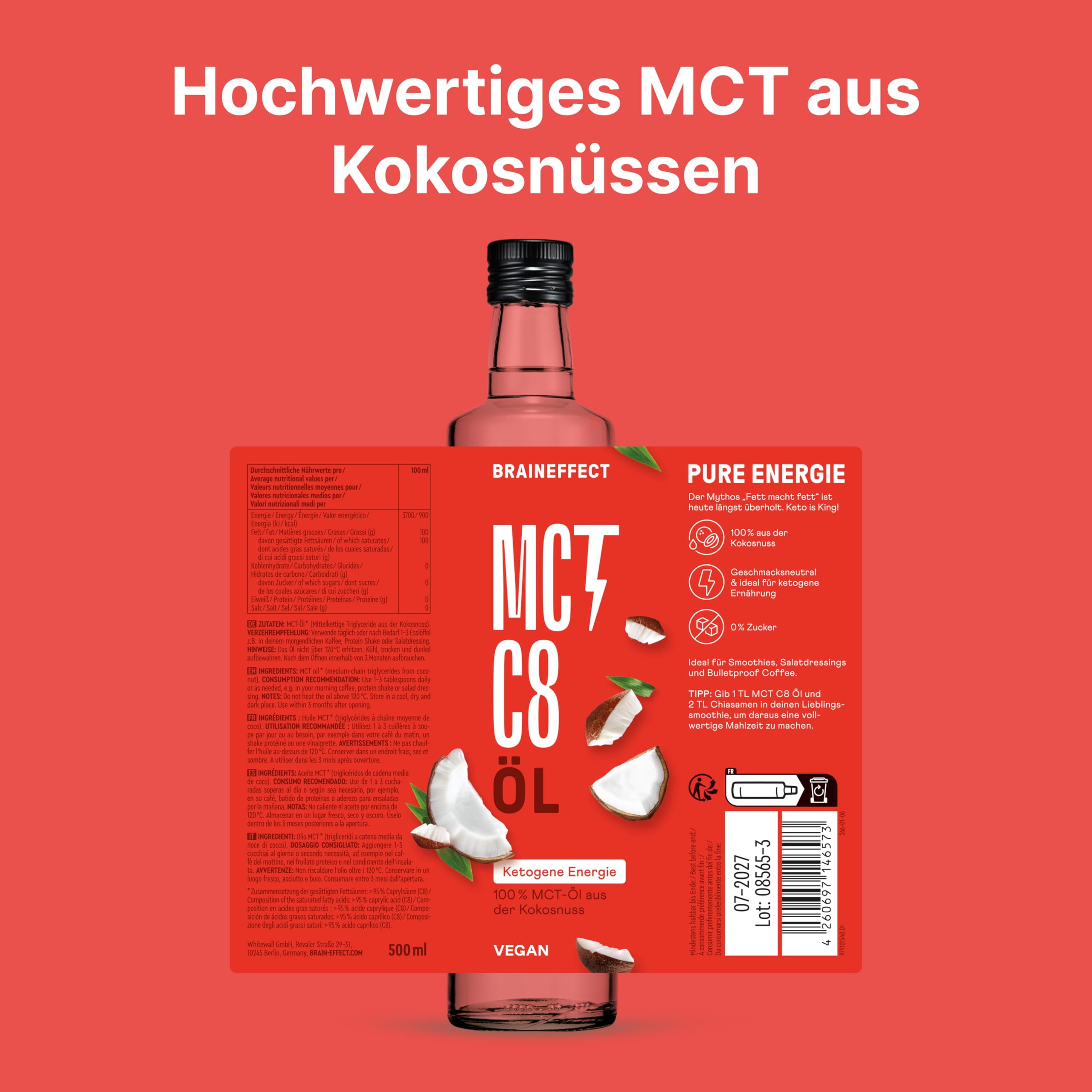 BRAINEFFECT MCT-Öl C8 – Reiner Extrakt aus Kokosöl, Bildet 3x mehr Ketone als andere MCT-Öle, Ideal für Low-Carb-, Paleo- und ketogene Ernährung & Bulletproof Coffee – 1 Liter