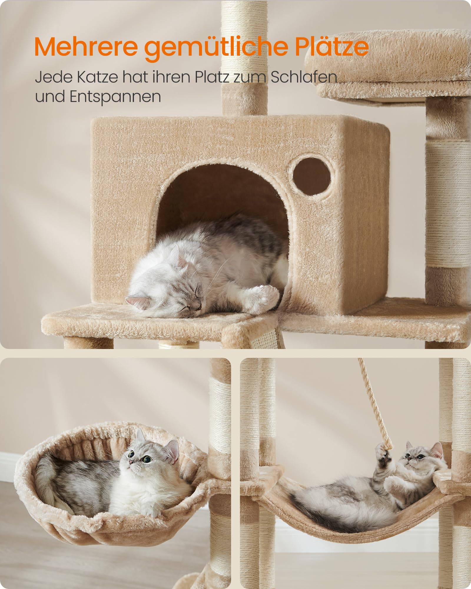 Feandrea Kratzbaum groß, 203,5 cm hoch, XXL Katzenbaum, mit 13 Kratzsäulen, 2 Plattformen, 2 Höhlen, Korb, Hängematte, Plüschbälle, mehrstöckiger Katzenkratzbaum, rauchgrau PCT190G01