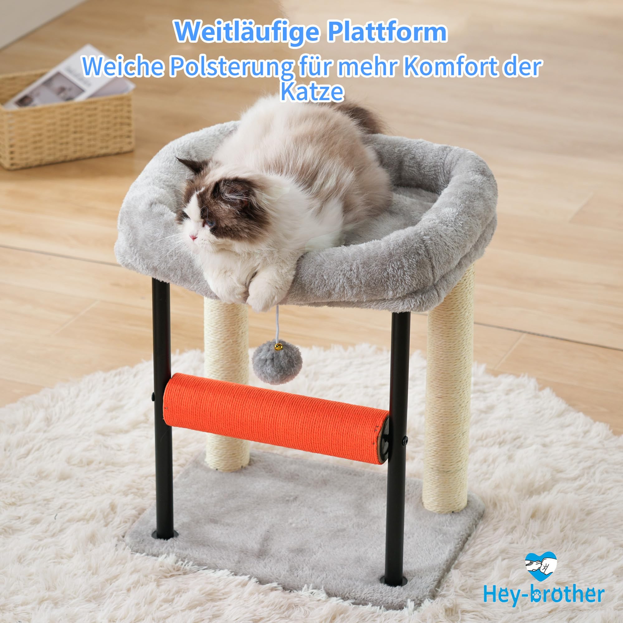 Hey-brother Kratzbaum, 50 cm klein Katzenbaum für Kätzchen, Kratzpfosten mit drehbarer Sisalsäule, geräumiger Plüschplattform, Vollständig sisalumwickelte Säule und Spielbällen, Hellgrau EMPJ010SW