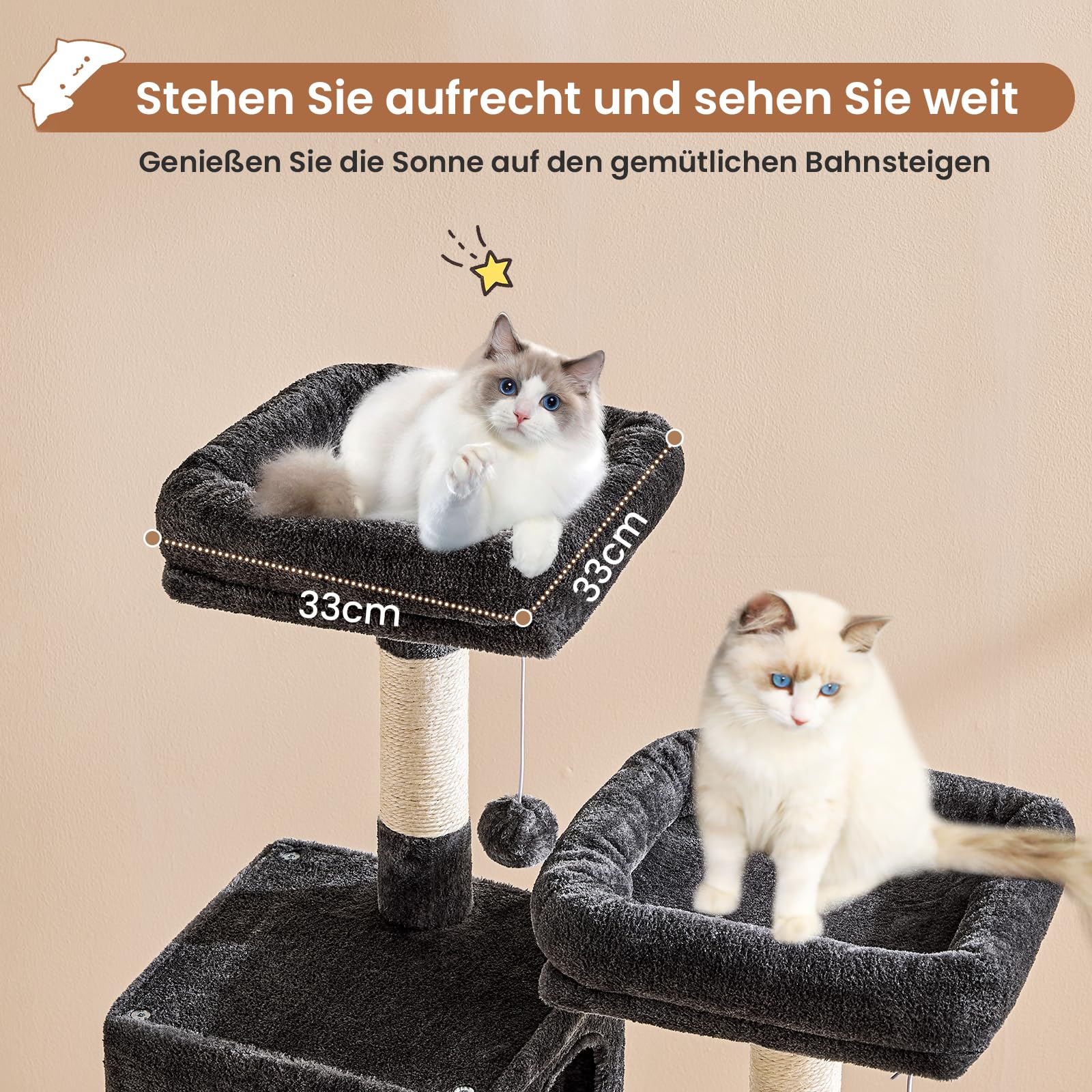 MSmask Kratzbaum groß, L Katzenbaum Stabil, Katzenkratzbaum mit 2 Plattformen, 2 Katzenhöhlen, Hängematte, Sisalsäulen, mehrstöckiger Kletterbaum für Katzen (Hellgrau, 160 cm)