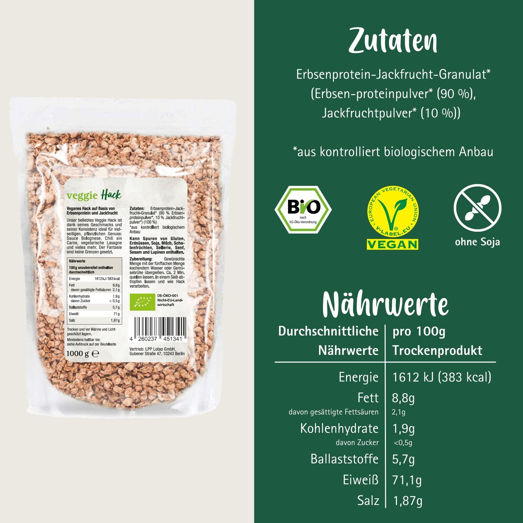 Lotao Veggie Hack – Bio, Vegan, Proteinreich – 1000g Hack auf Erbsenprotein-Basis mit Jackfruit – Perfekt für Bolognese, Burger, Braten & vieles mehr