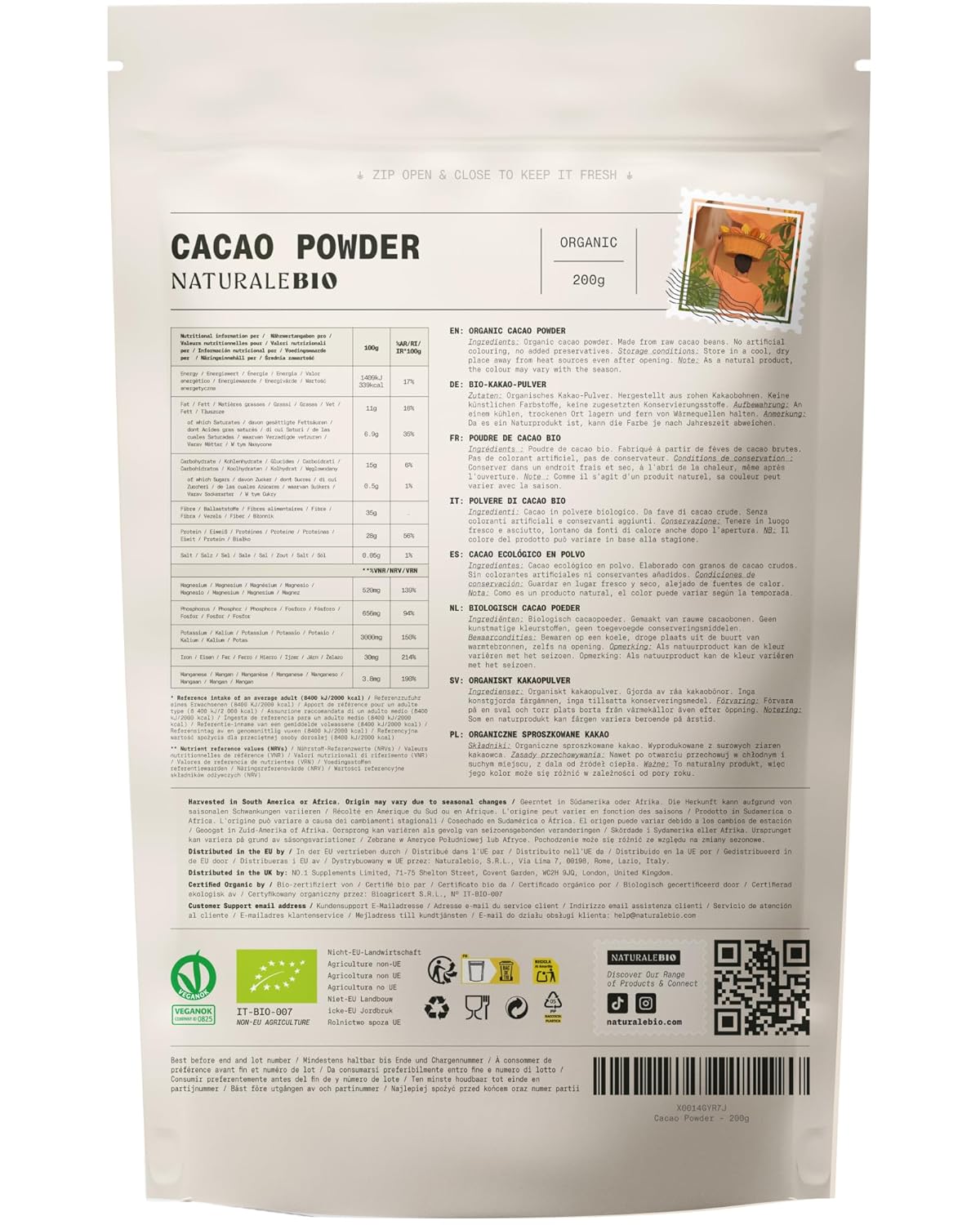 NaturaleBio Kakao Pulver Bio 1kg. Organic Cacao Pulver, Roh & Ungesüßt, Ideal für Getränke, Smoothies & Backen, Reich an Magnesium & Phosphor, Geprüft auf Schwermetalle
