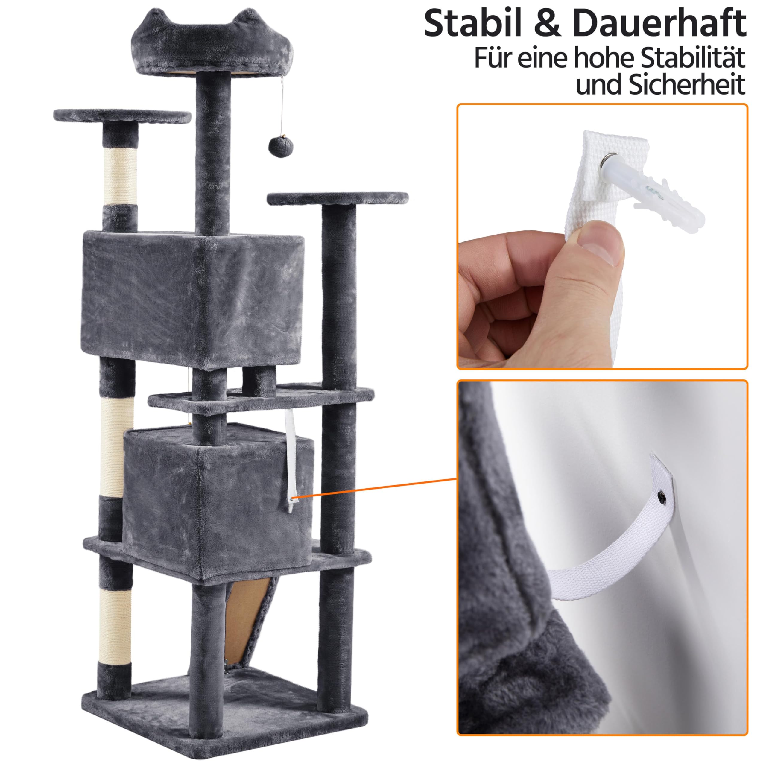 Yaheetech Kratzbaum Groß, 139 cm hoch, Mehrstöckiger Katzenbaum Kletterturm mit 3 Kratzsäulen, 3 Plattformen, 2 Gemütlichen Höhlen, 2 Plüschbällen, Stabiler Aktivitätsbereich für Katzen, Dunkelgrau