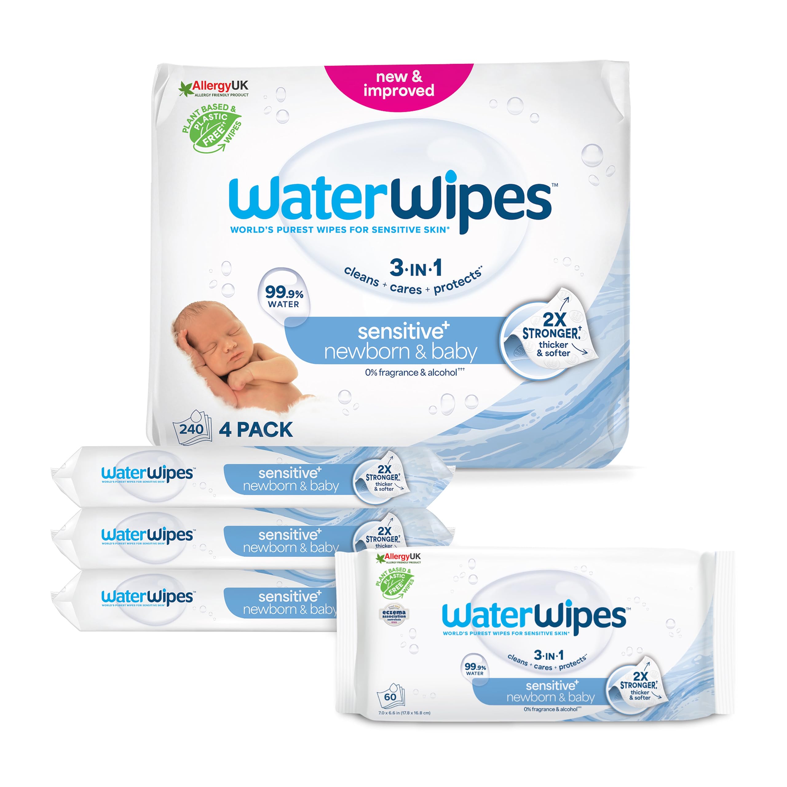 WaterWipes Sensitive+ Newborn & Baby Wipes, Feuchttücher für Neugeborene und Babys, 720 Stück (12 Packungen), 3-in-1-Reinigung, Pflege, Schutz, 99,9% Wasser, parfümfrei