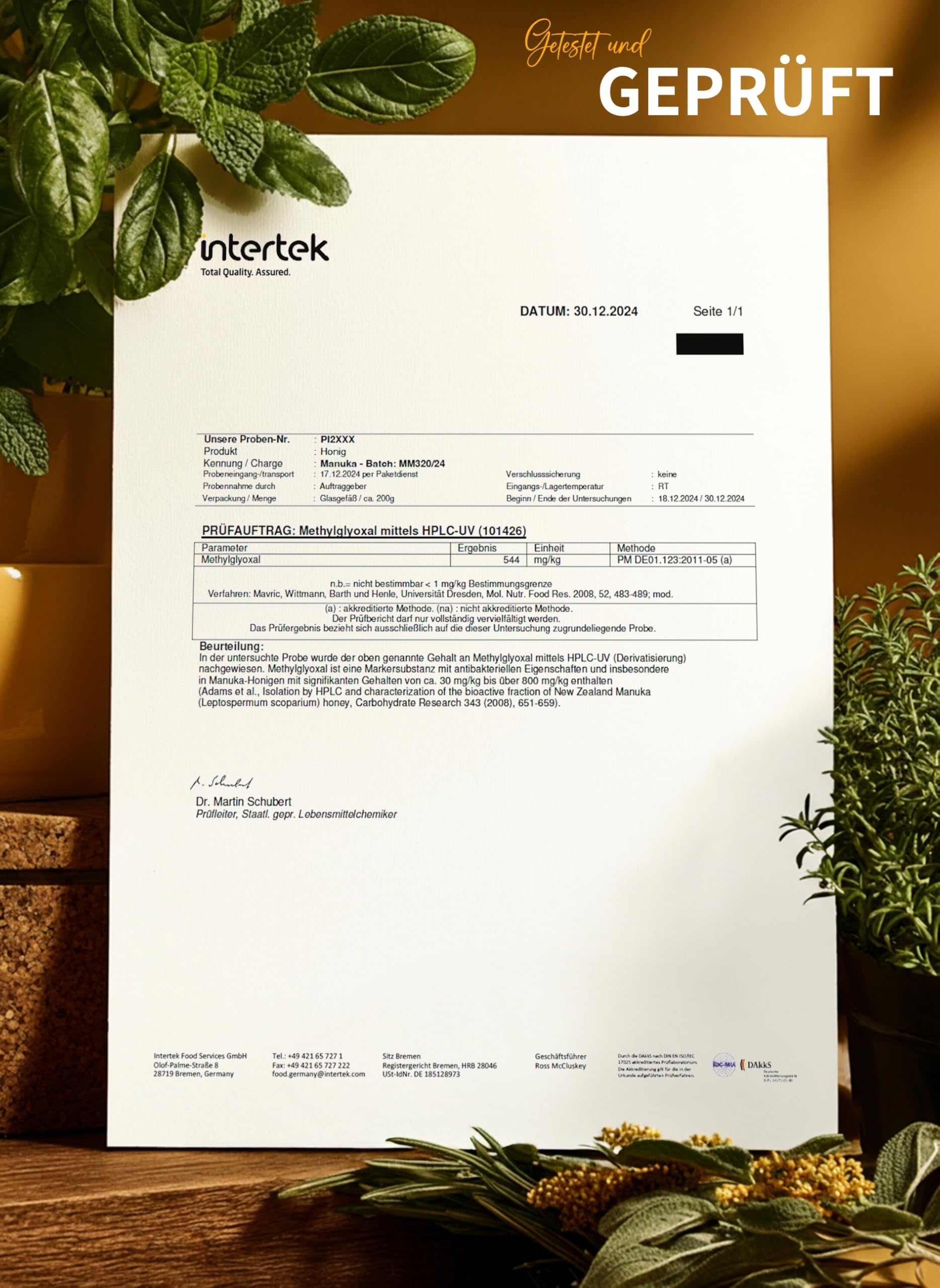 bedrop Manuka Honig mit MGO 500+ XXL Glas - 100% echter Premium Manukahonig aus Neuseeland mit zertifiziertem Methylglyoxal Gehalt (Analyse-Zertifikat) - 140g