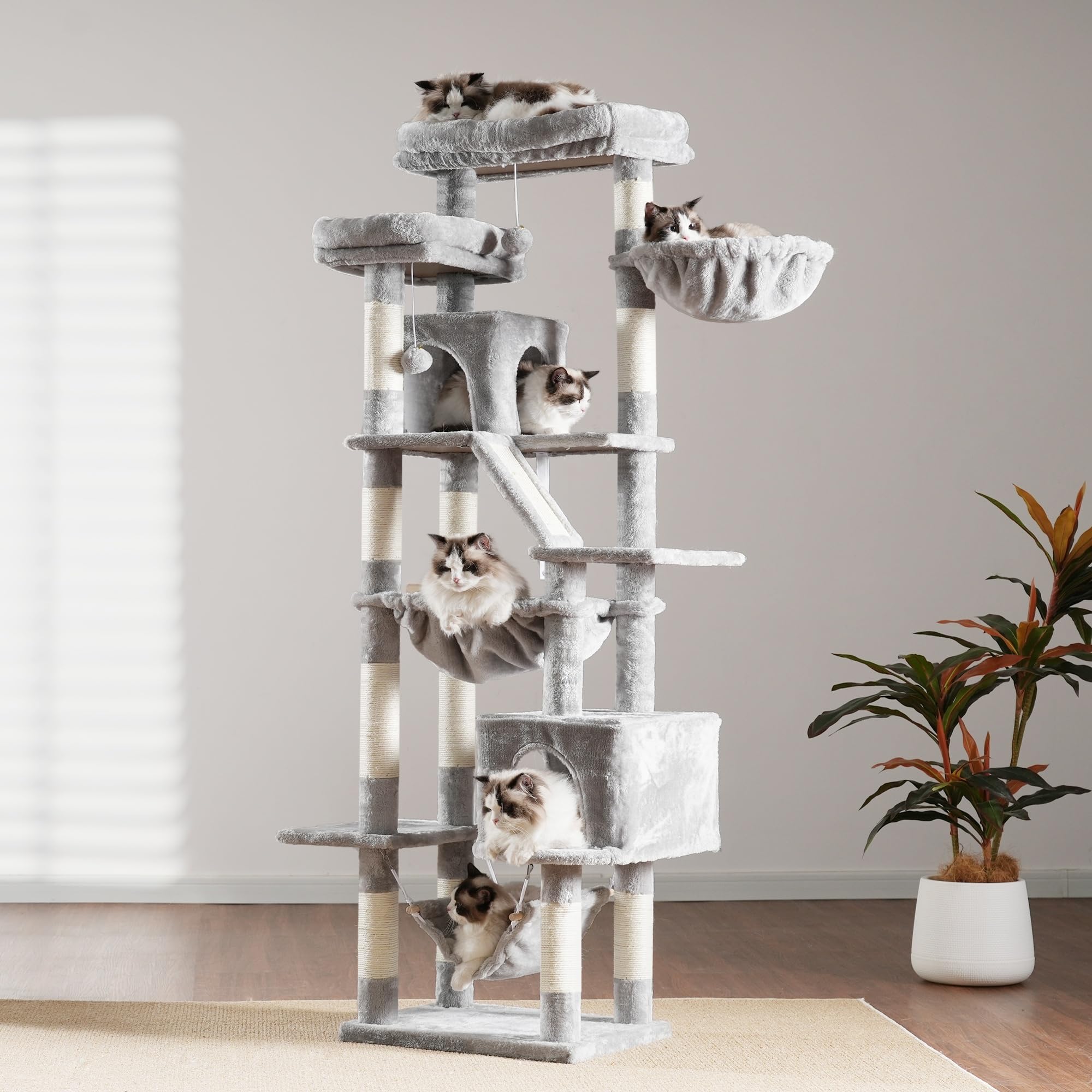 Heybly Kratzbaum, 180 cm Hoher Katzenturm für Wohnungskatzen mit 2 Plattformen, 2 Großen Schlafhäusern, 2 Hängematten, Korb und Kratzbrett, Großes Katzenmöbel mit Schlafplatz, Hellgrau HCT034W