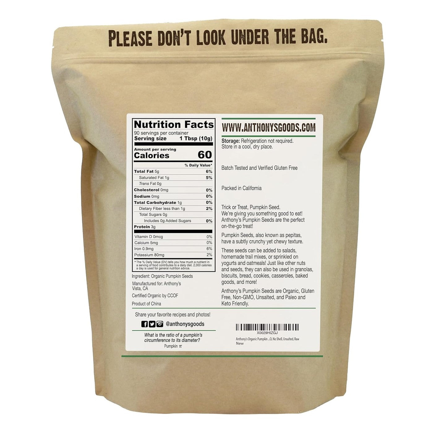 Anthony's Organic Pumpkin Seeds, 2 lb, Gluten Free, Non GMO, No Shell, Unsalted, Raw