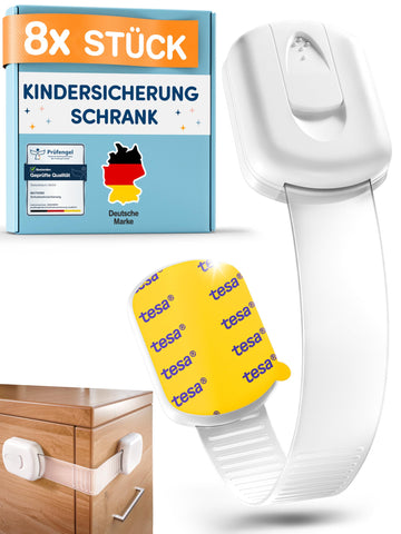 MUTKIND 10 Stück Kindersicherung Schrank - (Mit Kleber von TESA) Schranksicherung Baby - Längenverstellbar - Schubladensicherung Baby für Schränke, Kühlschrank, Tür - Kindersicherung Schubladen Weiß