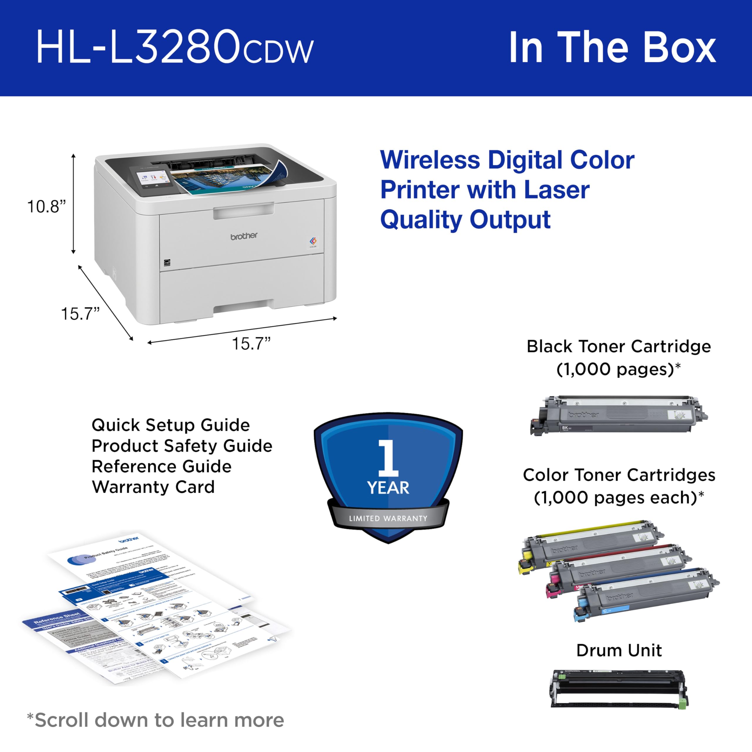 Brother HL-L3280CDW Wireless Compact Digital Color Printer with Laser Quality Output, Duplex, Mobile Printing & Ethernet | Includes 2 Month Refresh Subscription Trial¹,Works with Alexa