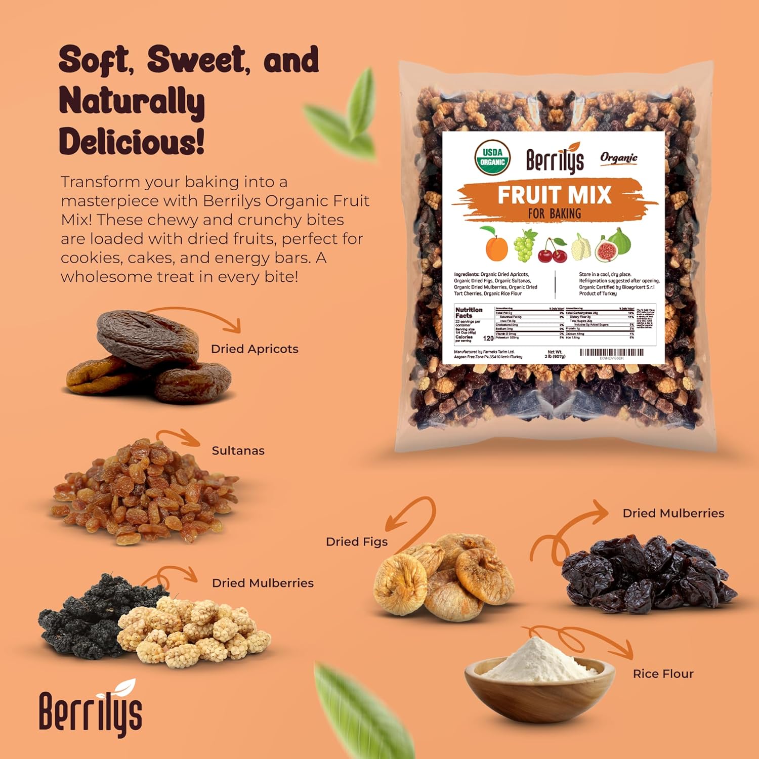 Berrily's Dried Fruit Mix, 2 Lbs, Organic, Diced Figs, Diced Apricots, White Mulberries, Sultanas, Sour Cherries, No Sugar Added, Trail Mix for Baking and Snacking