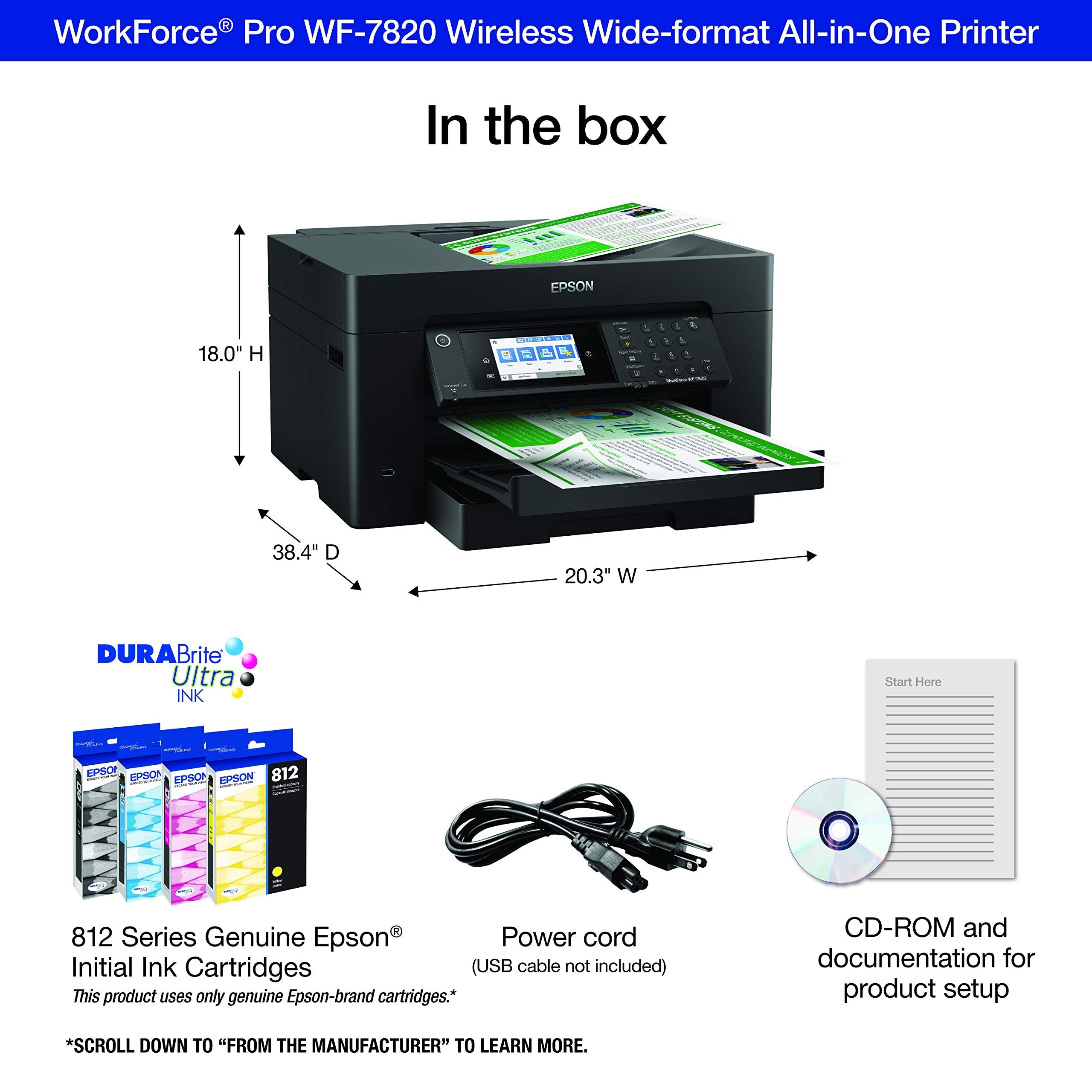 Epson Workforce Pro WF-7840 Wireless All-in-One Wide-Format Printer with Auto 2-Sided Print up to 13" x 19", Copy, Scan and Fax, 50-Page ADF, 500-sheet Paper Capacity, 4.3" Screen