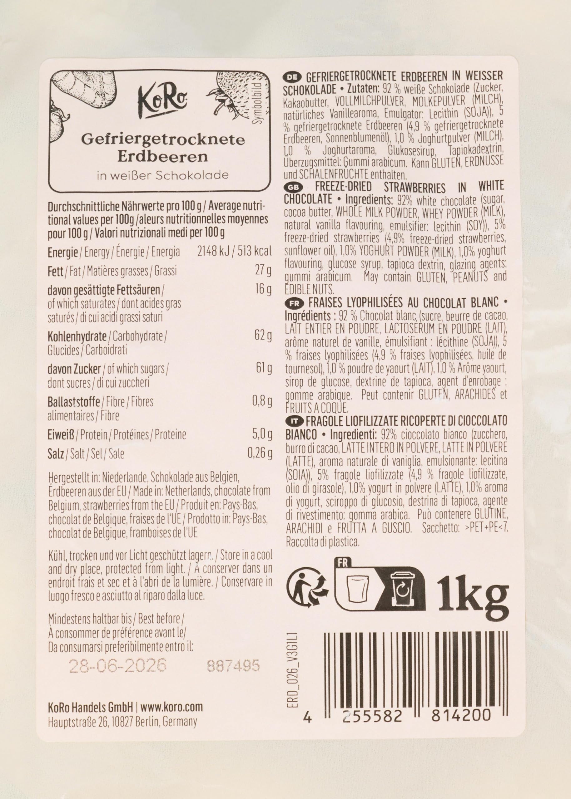 KoRo - Gefriergetrocknete Erdbeeren in Milchschokolade 1 kg - Knackig Fruchtig - Snack im Vorteilspack