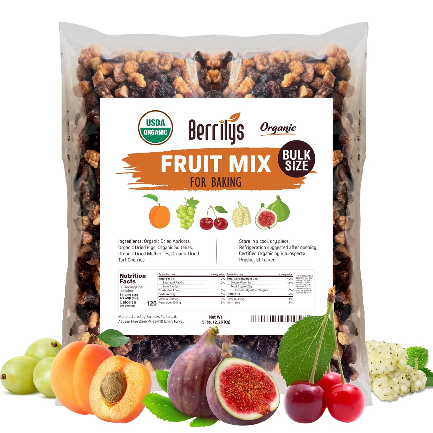 Berrily's Dried Fruit Mix, 2 Lbs, Organic, Diced Figs, Diced Apricots, White Mulberries, Sultanas, Sour Cherries, No Sugar Added, Trail Mix for Baking and Snacking